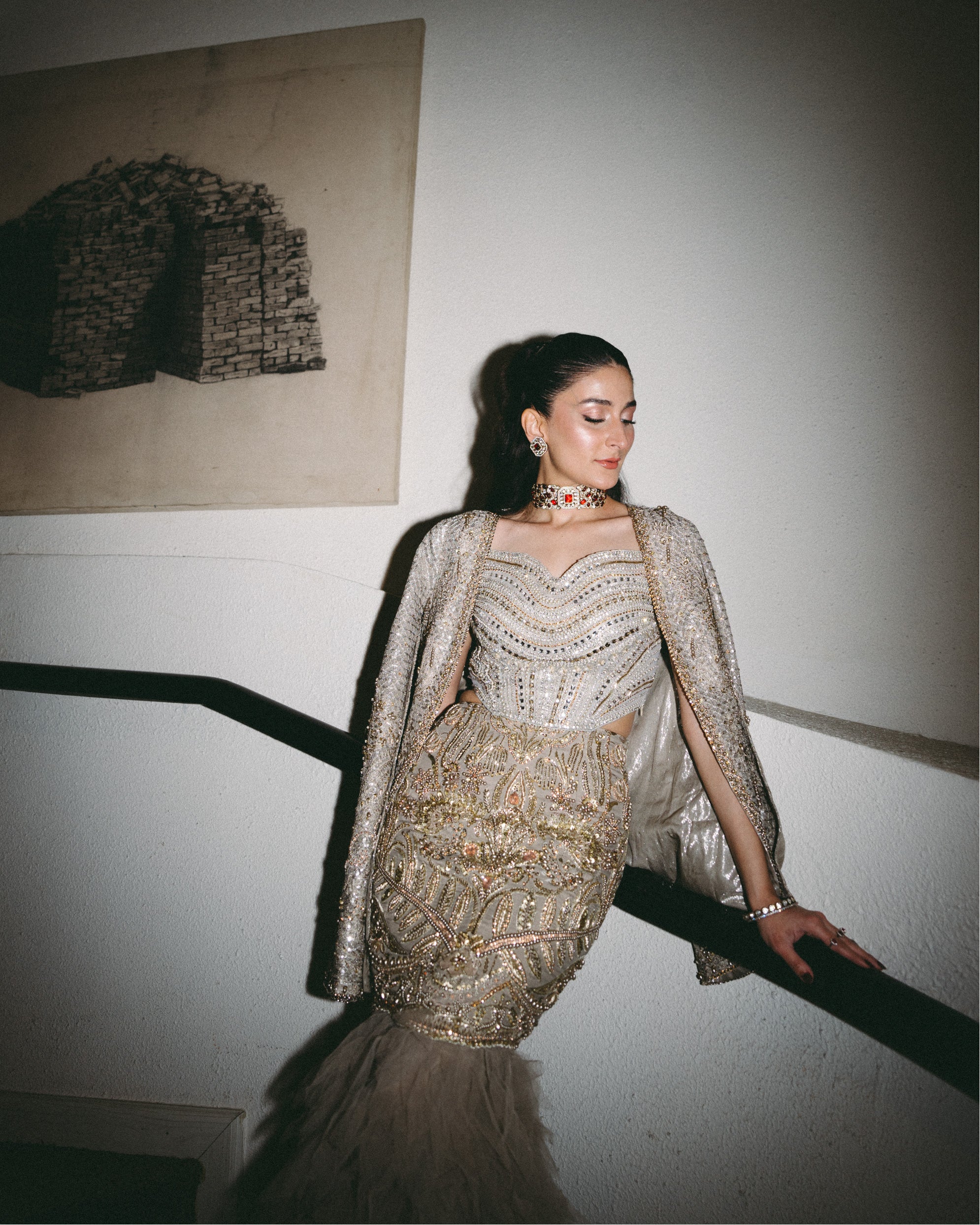 Pakistani Gold Embellished Raw Silk Mermaid Gown (2-Piece) - Image 6