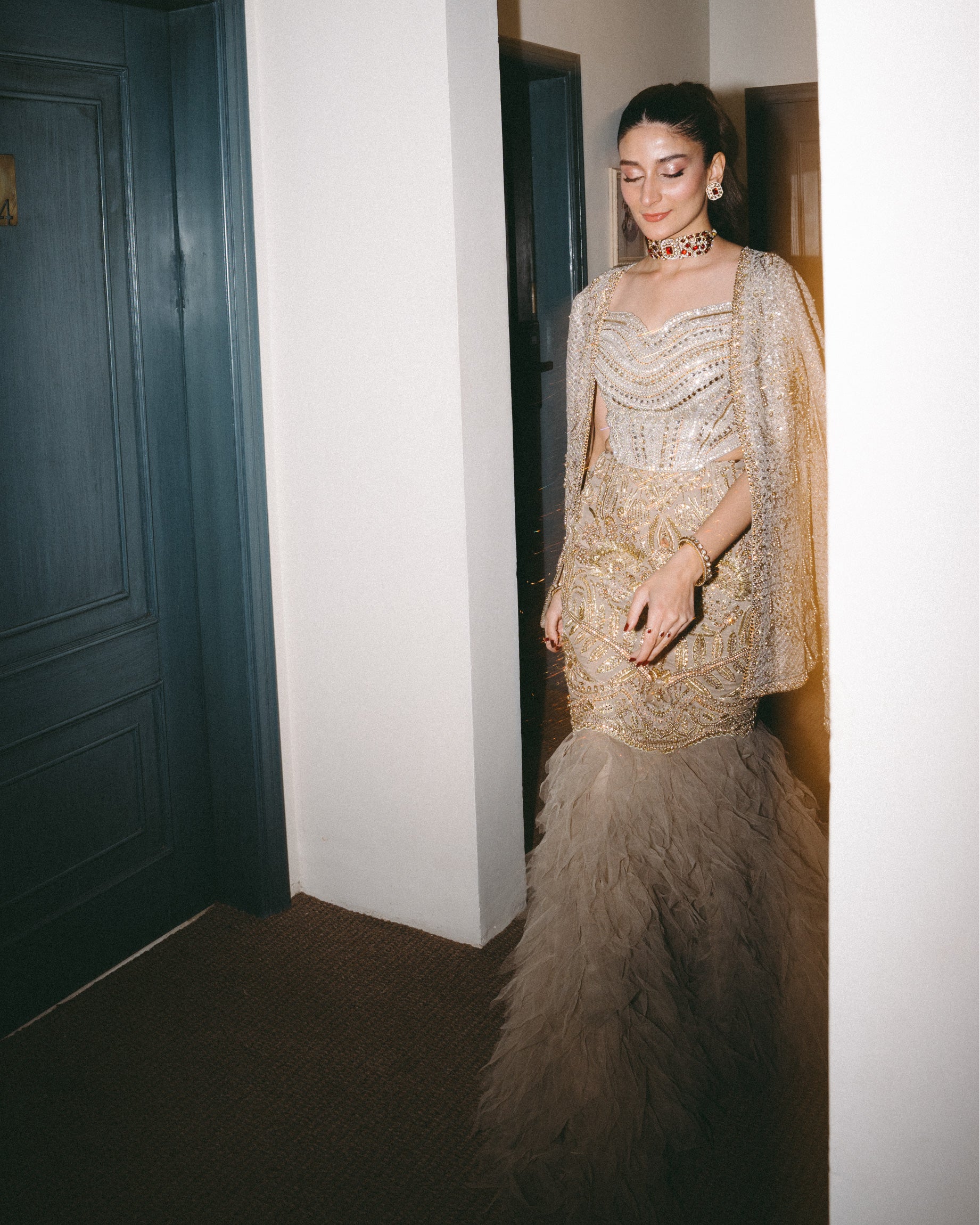 Pakistani Gold Embellished Raw Silk Mermaid Gown (2-Piece) - Image 9