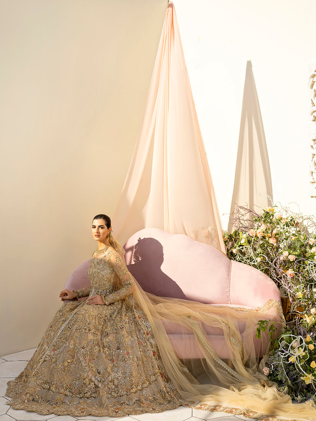 Gold Hand Embroidered Raw Silk Bridal Gown (2-Piece) - Image 3