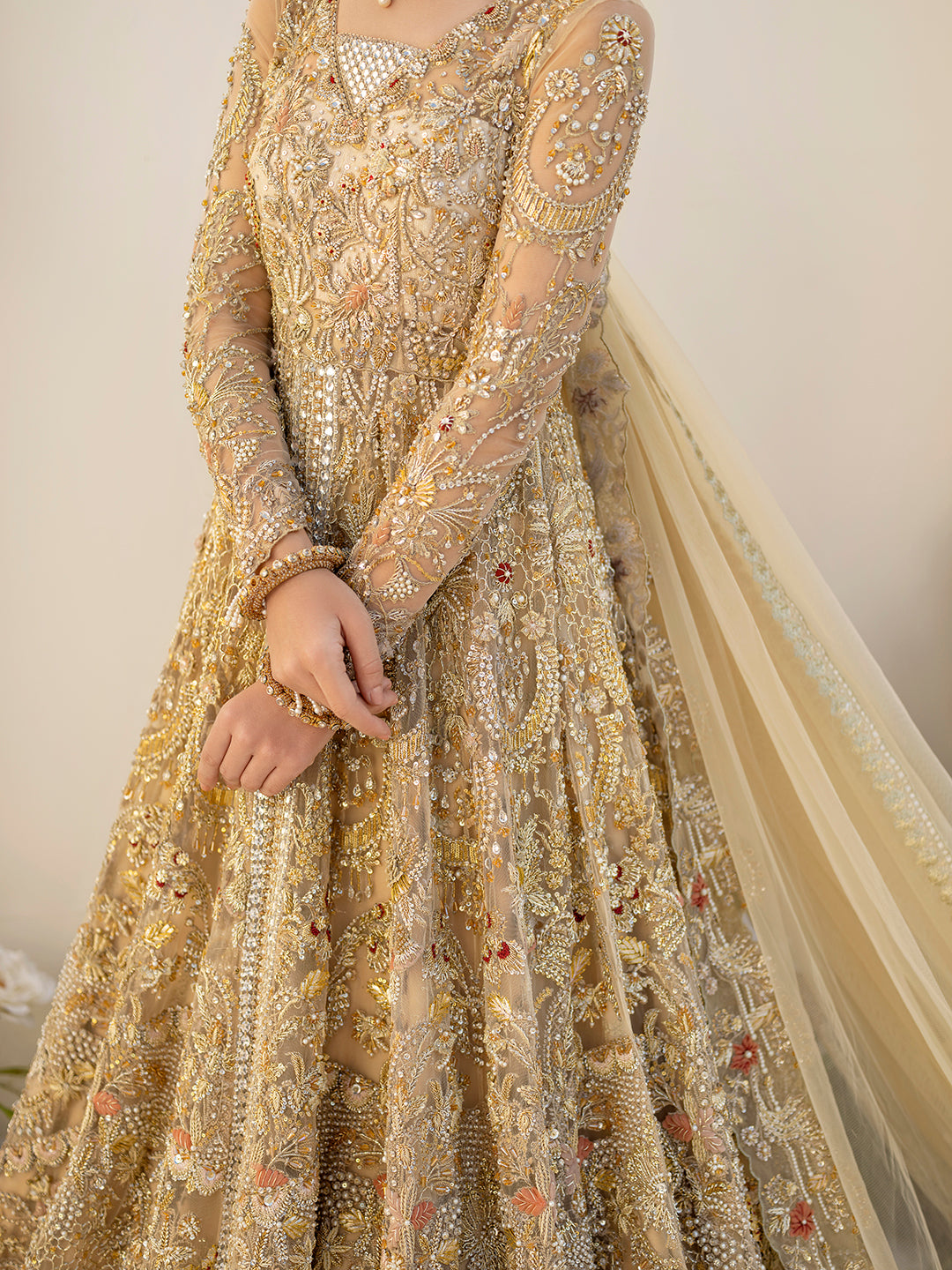 Gold Hand Embroidered Raw Silk Bridal Gown (2-Piece) - Image 4