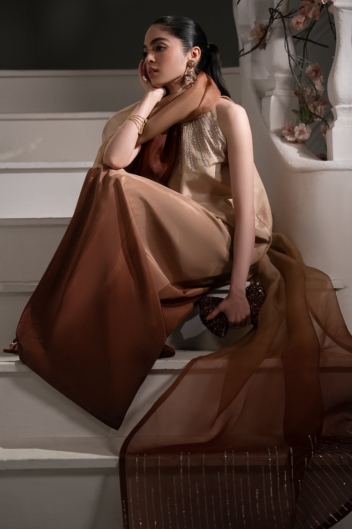 Pakistani Champagne to Cocoa Embellished Roman Silk Gown (2-Piece) - Image 2