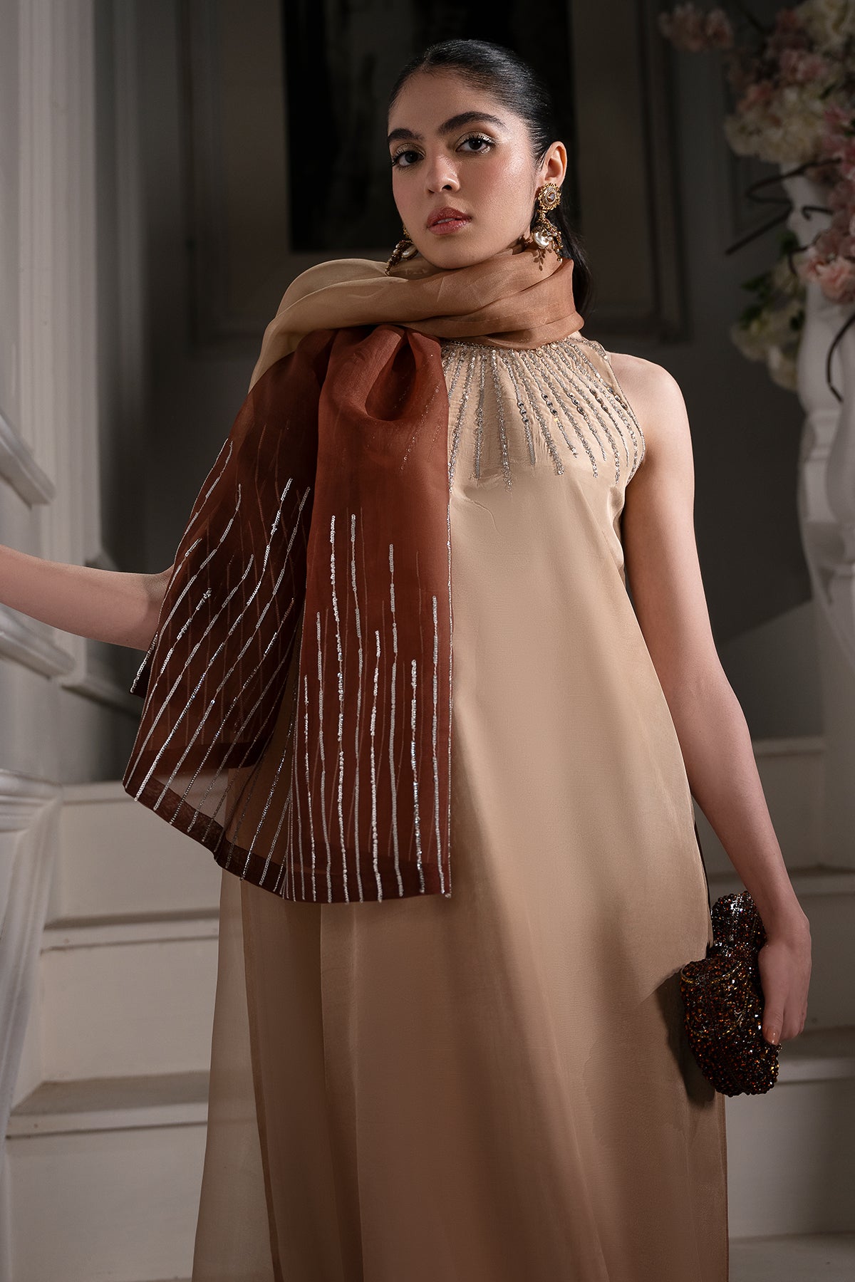 Pakistani Champagne to Cocoa Embellished Roman Silk Gown (2-Piece) - Image 3