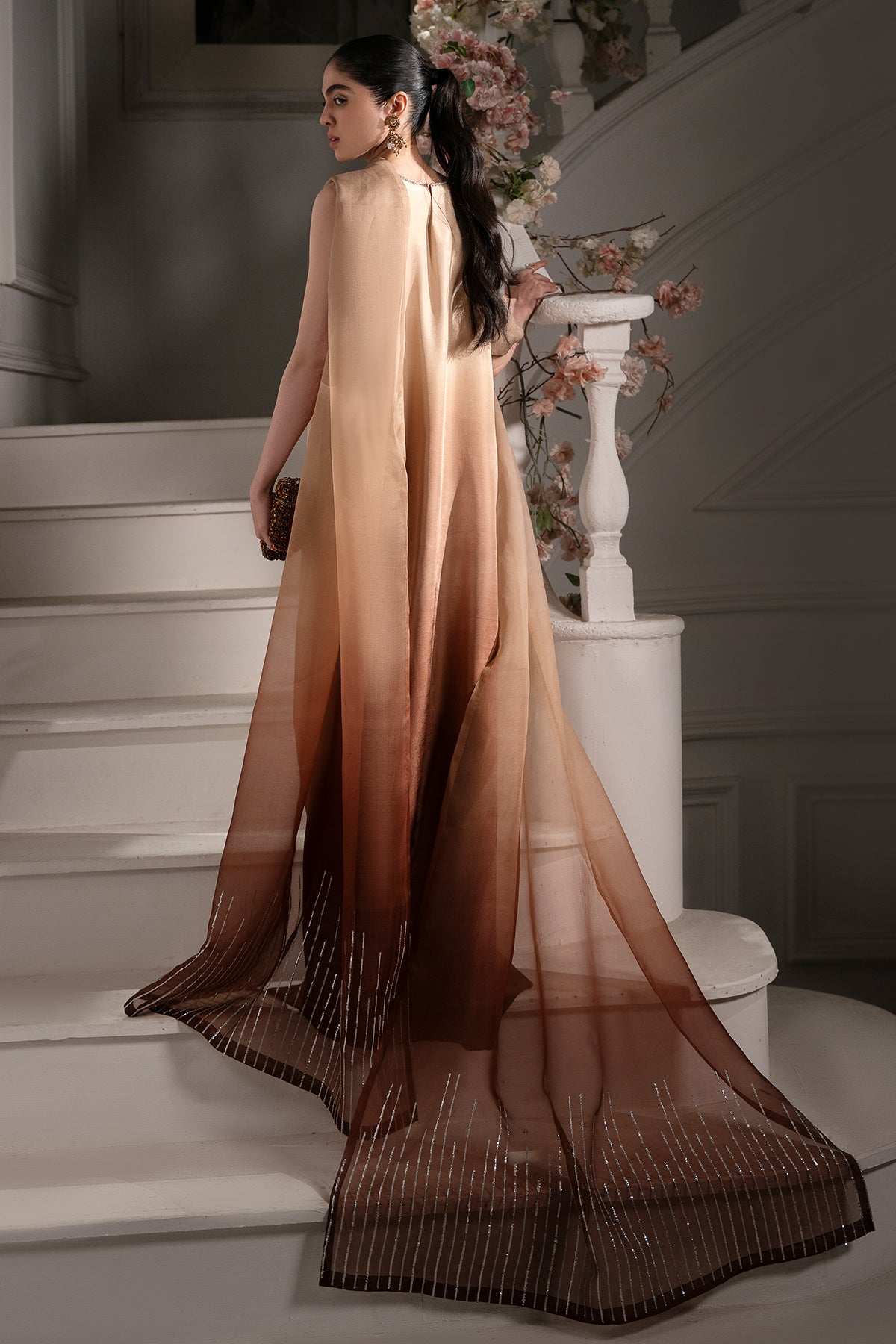 Pakistani Champagne to Cocoa Embellished Roman Silk Gown (2-Piece) - Image 4