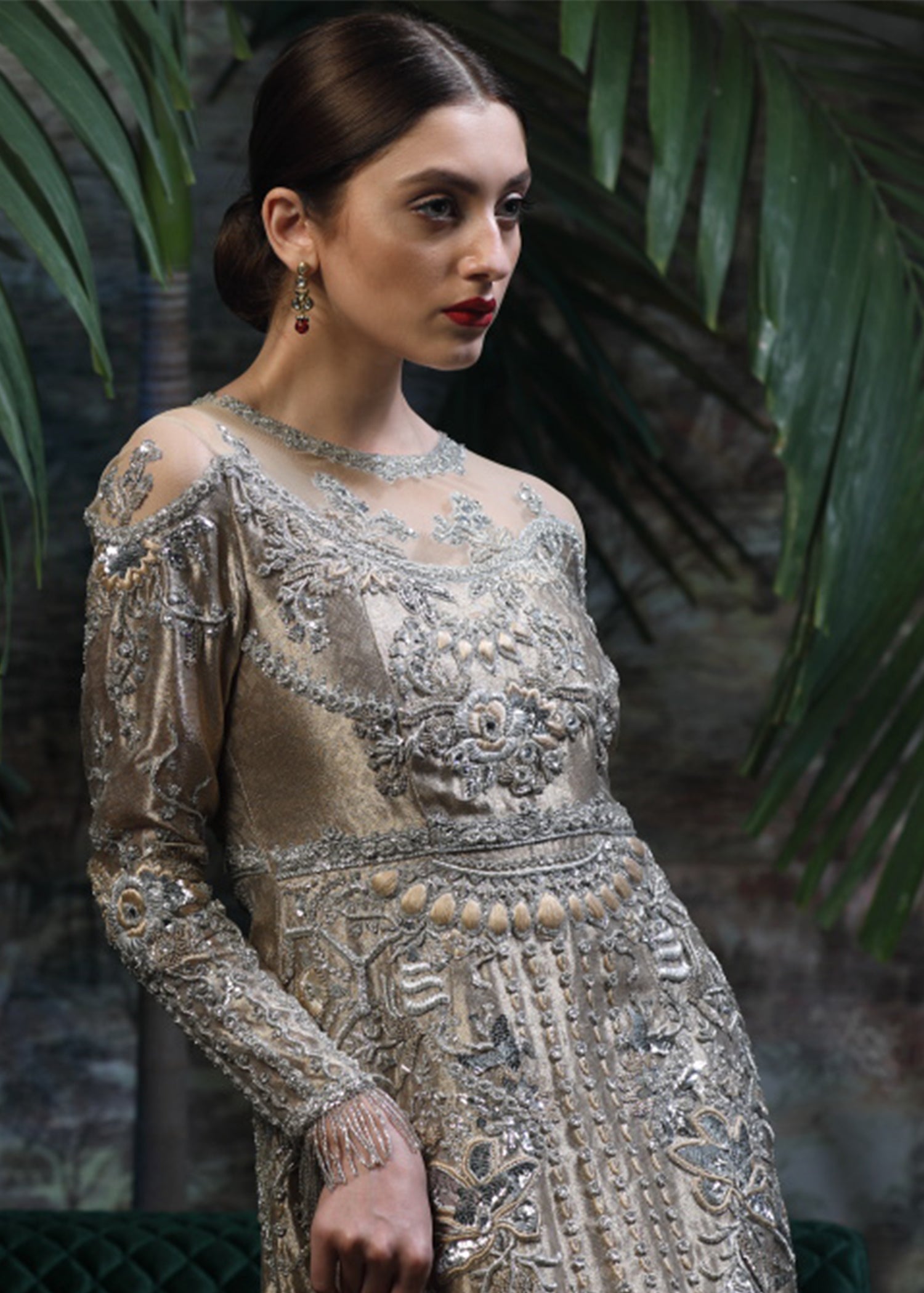 Champagne Silver Embellished Satin-Silk Bridal Gown (2-Piece) - Image 3