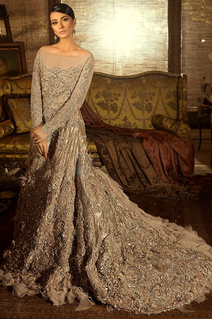 Rose Gold Zardozi French Satin Bridal Gown (2-Piece) - Image 2