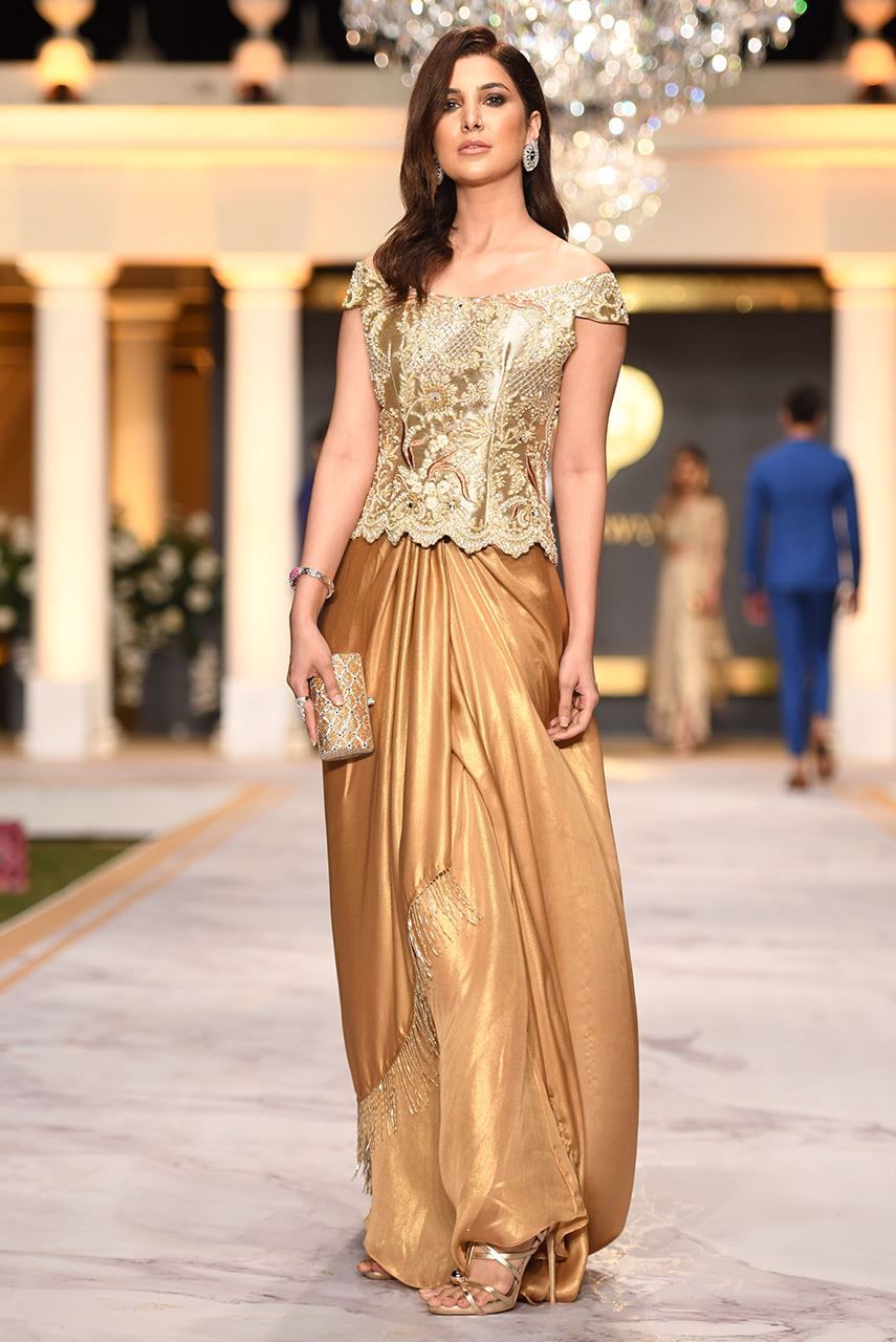 Pakistani Gold Zardozi Atlas Corset with Shimmer Silk Skirt (2-Piece) - Image 2