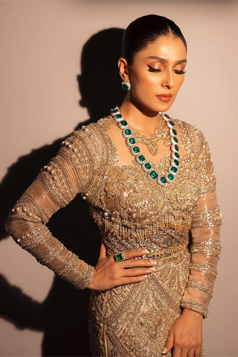 Pakistani Gold Hand-Embellished Net Silk Gown (2-Piece) - Image 1