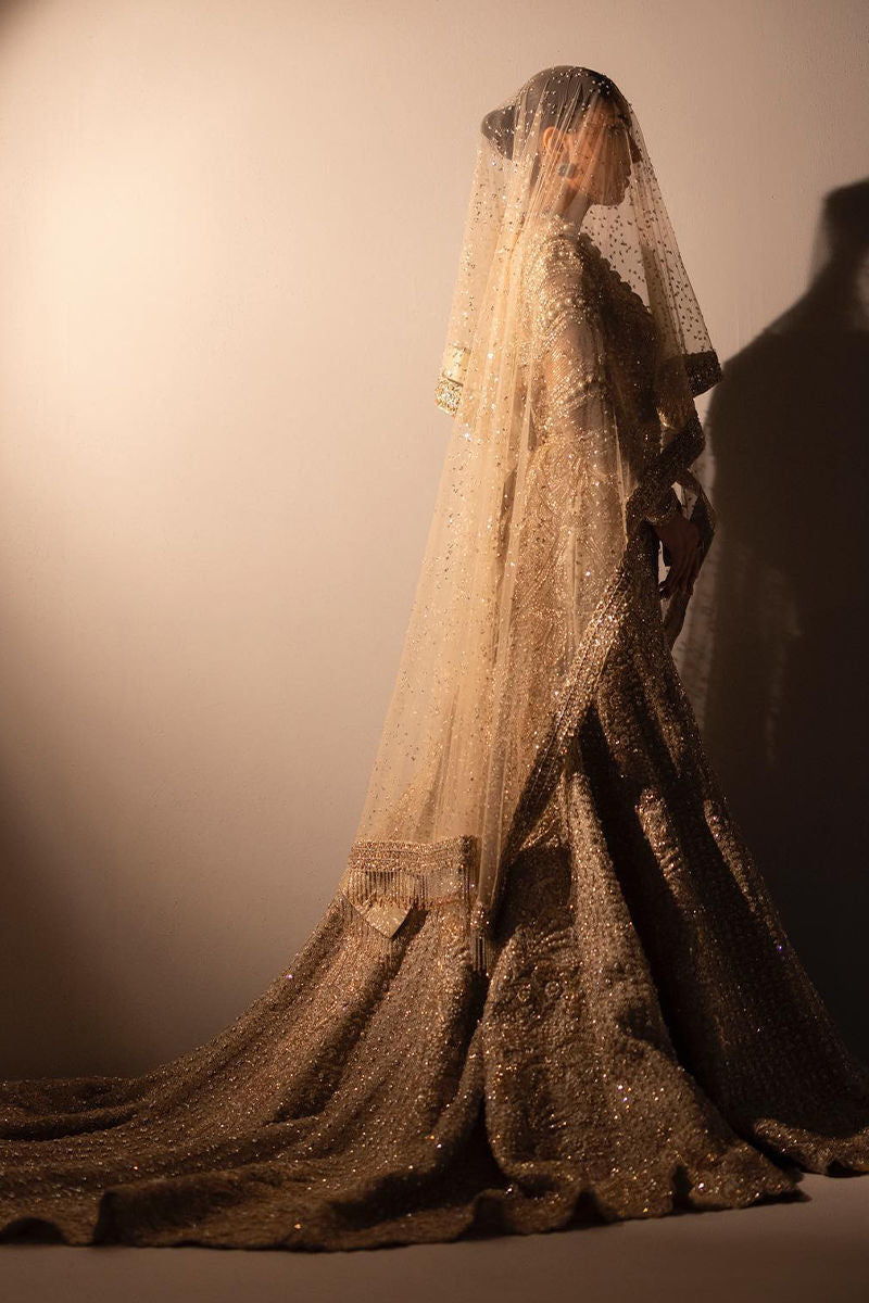 Pakistani Gold Hand-Embellished Net Silk Gown (2-Piece) - Image 2