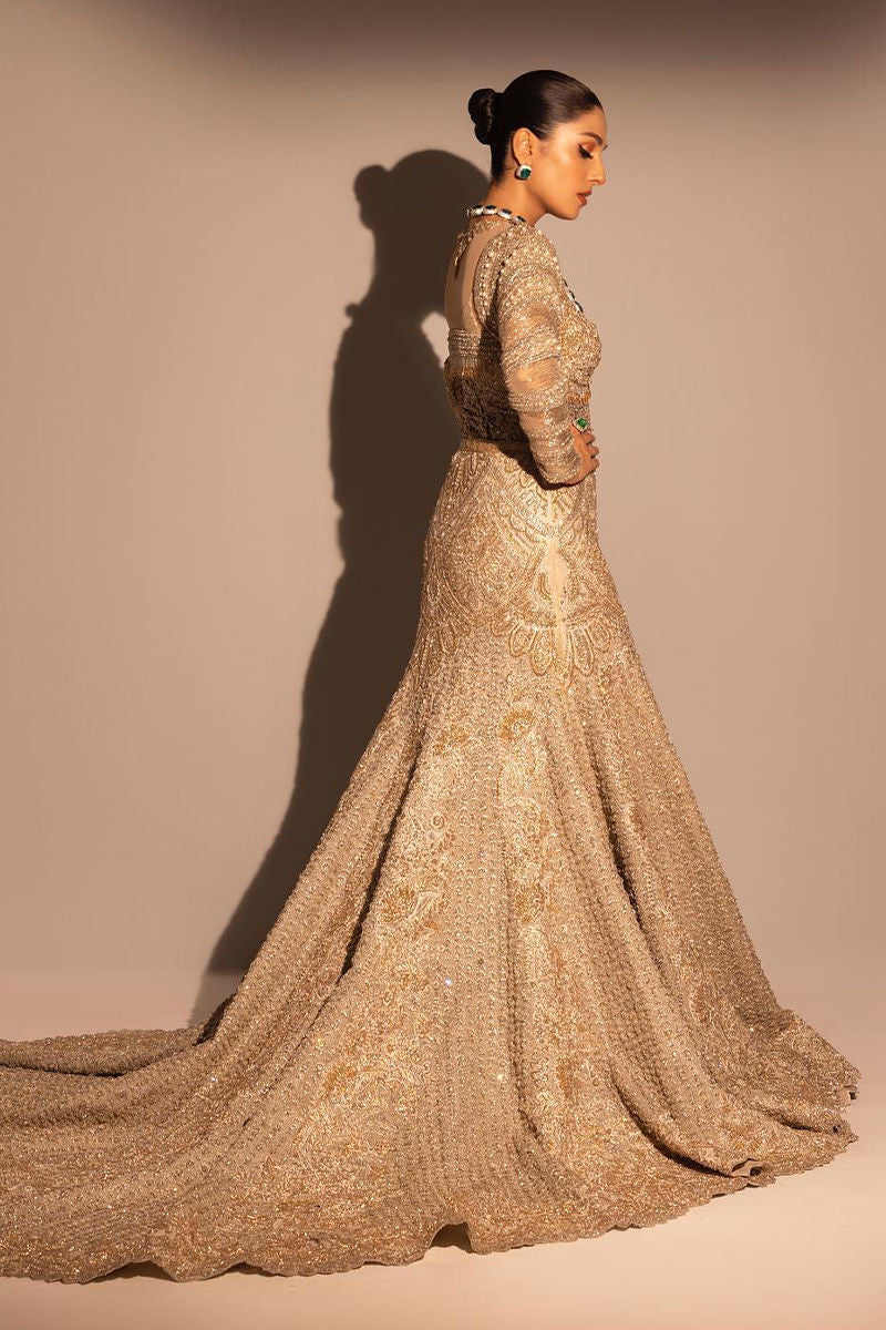 Pakistani Gold Hand-Embellished Net Silk Gown (2-Piece) - Image 5