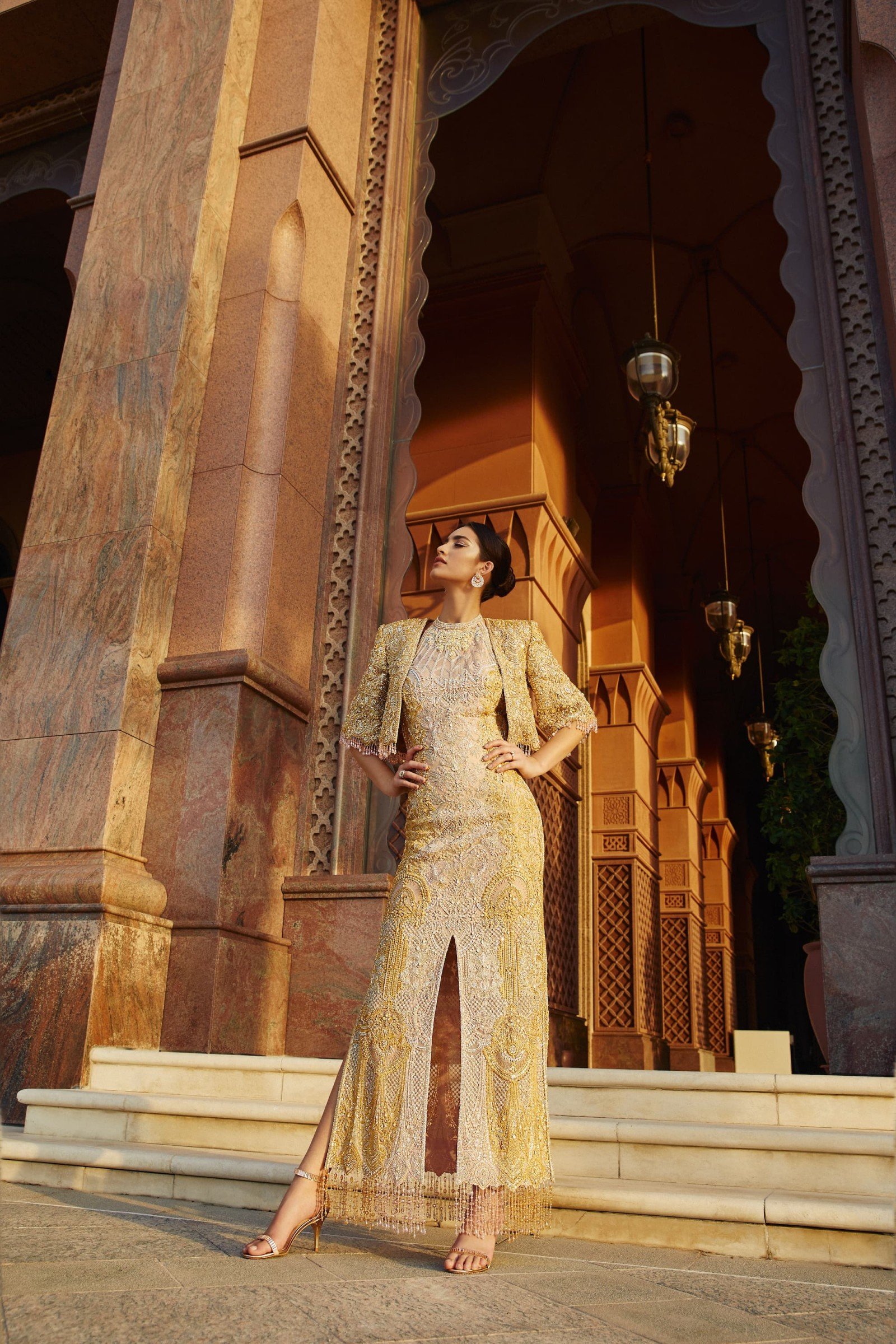 Pakistani Gold Embellished Silk-Blend Gown (2-Piece) - Image 1