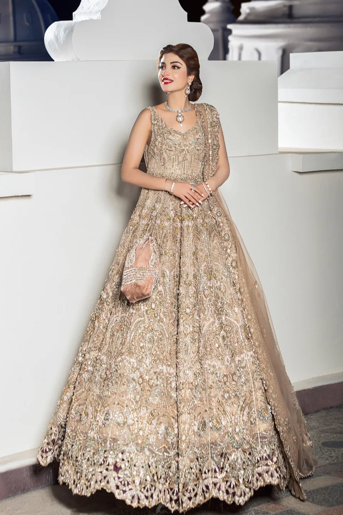 Pakistani Champagne Embellished Silk-Blend Bridal Gown (2-Piece) - Image 1