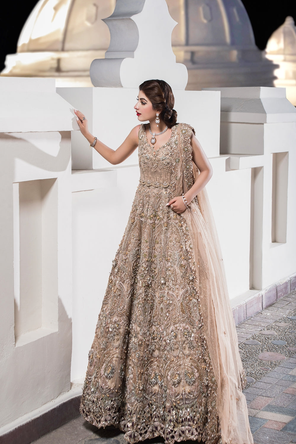 Pakistani Champagne Embellished Silk-Blend Bridal Gown (2-Piece) - Image 10