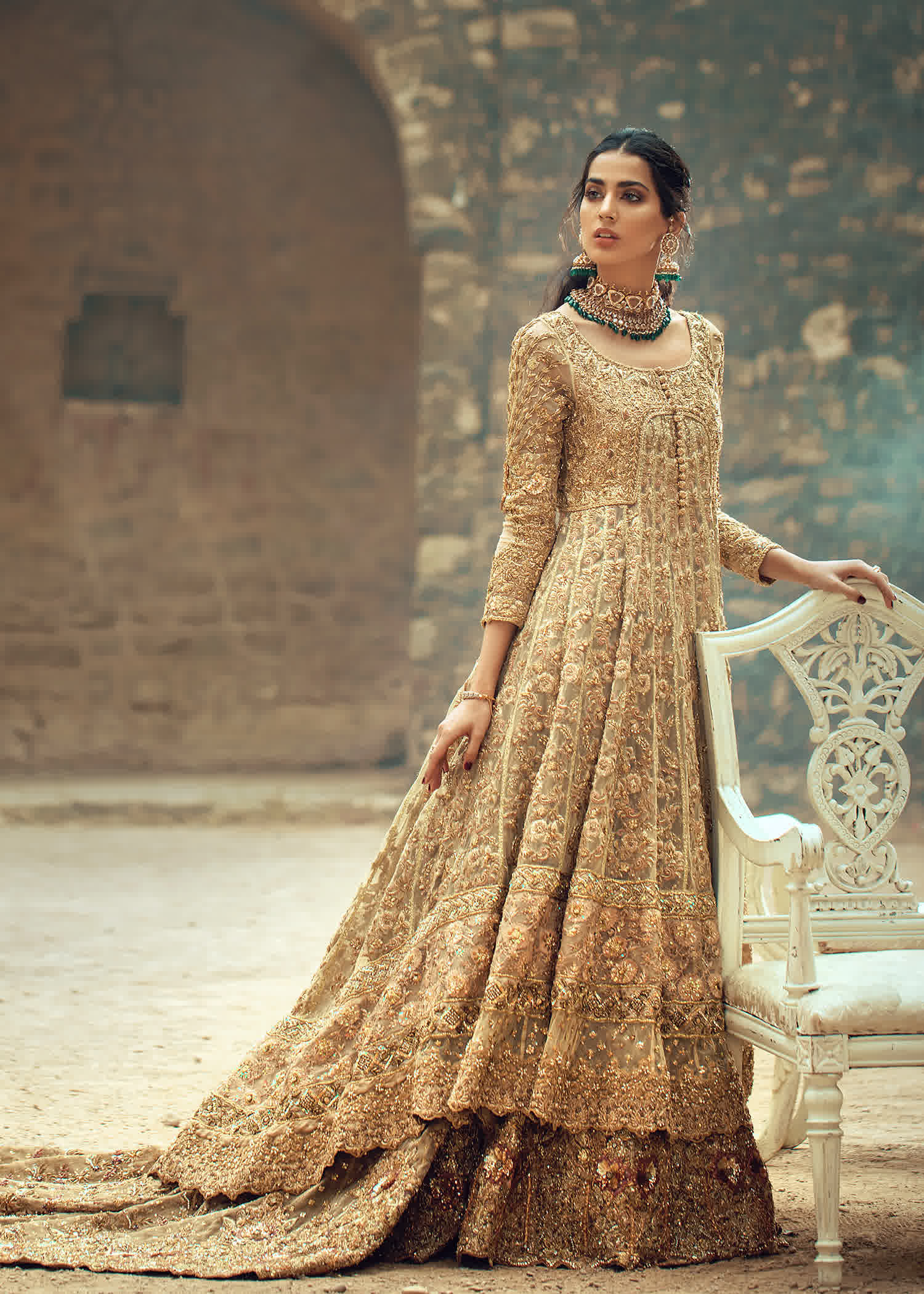 Gold Embellished Silk-Blend Bridal Gown (2-Piece) - Image 1