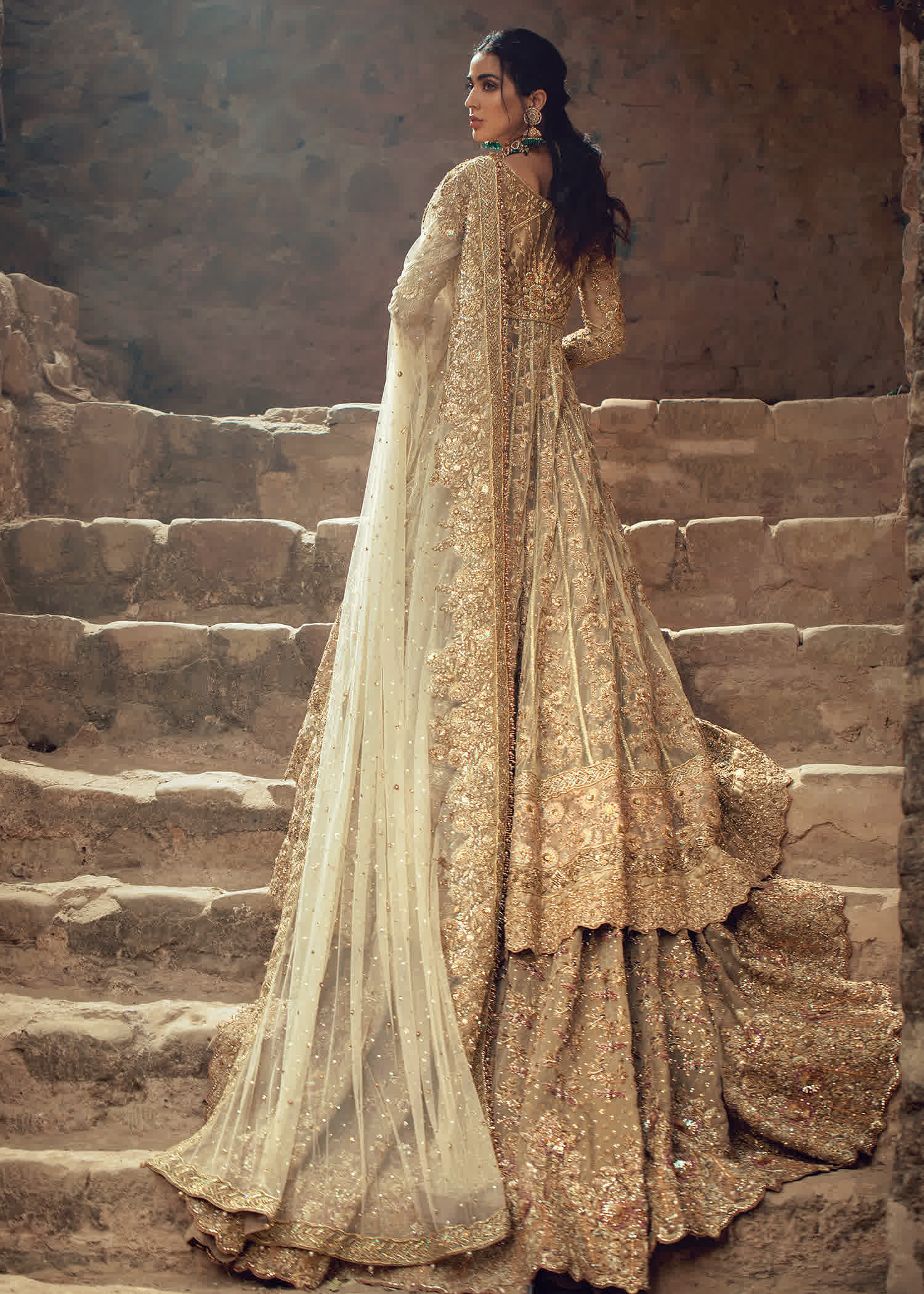 Gold Embellished Silk-Blend Bridal Gown (2-Piece) - Image 2