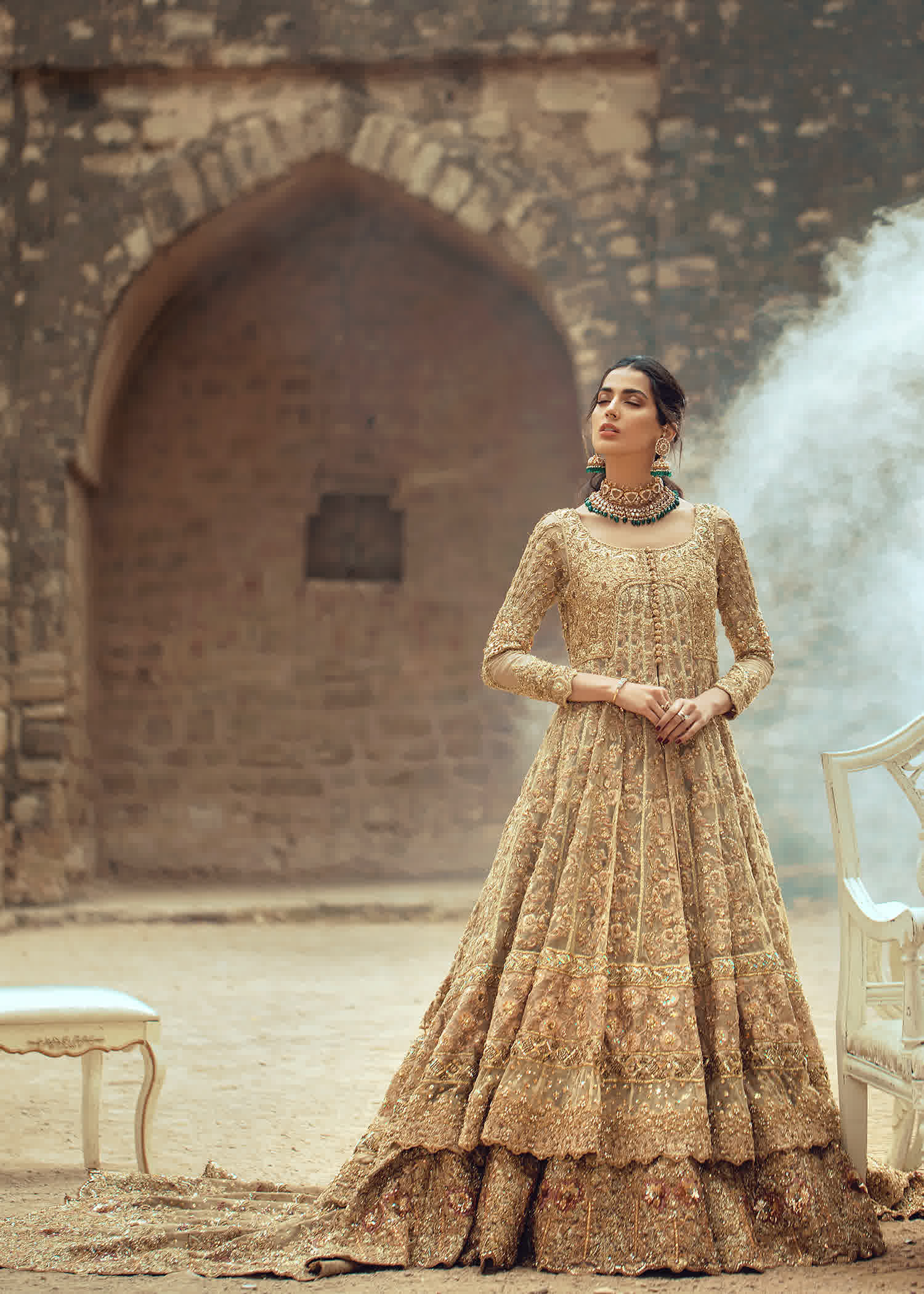 Gold Embellished Silk-Blend Bridal Gown (2-Piece) - Image 4