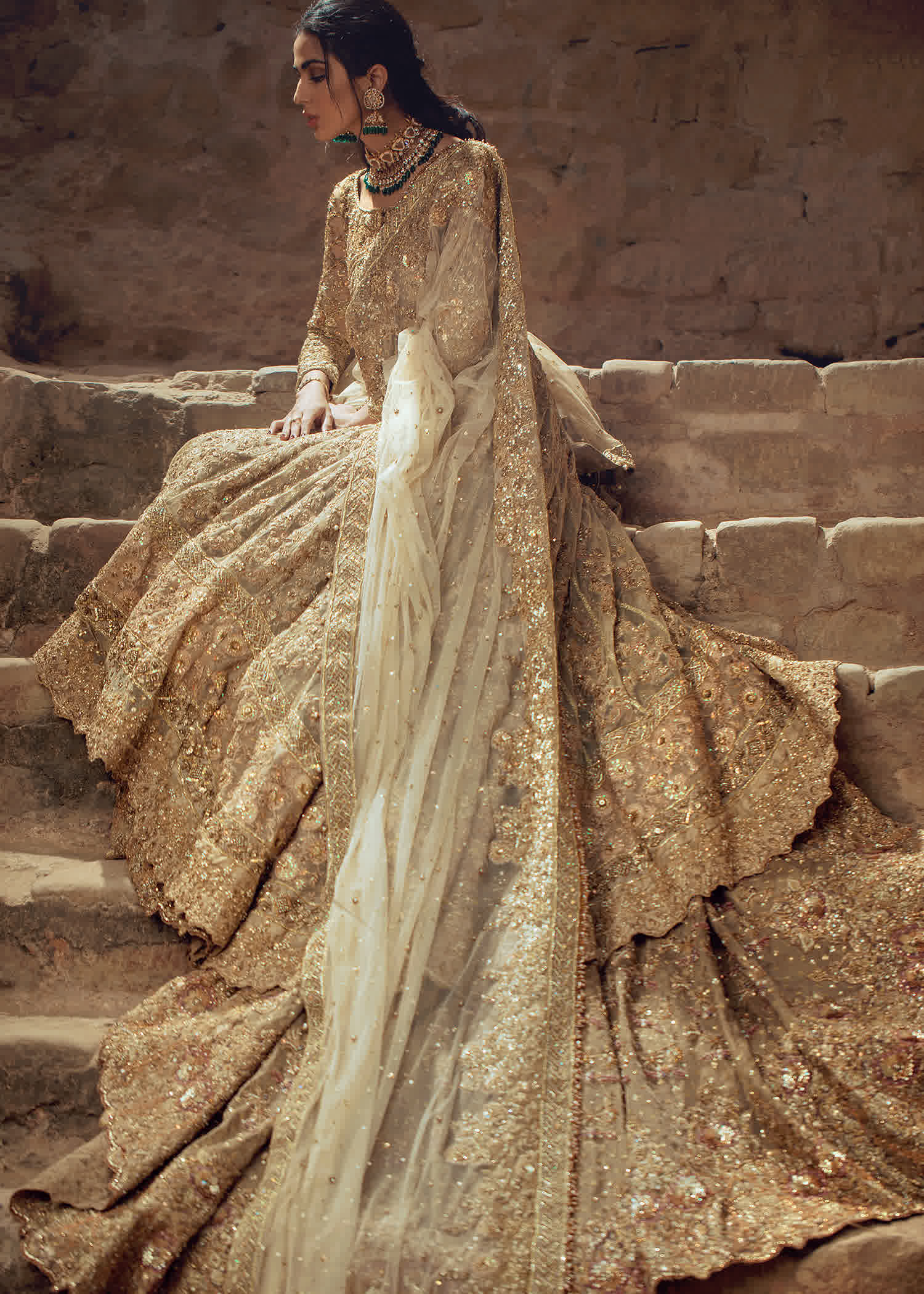 Gold Embellished Silk-Blend Bridal Gown (2-Piece) - Image 5