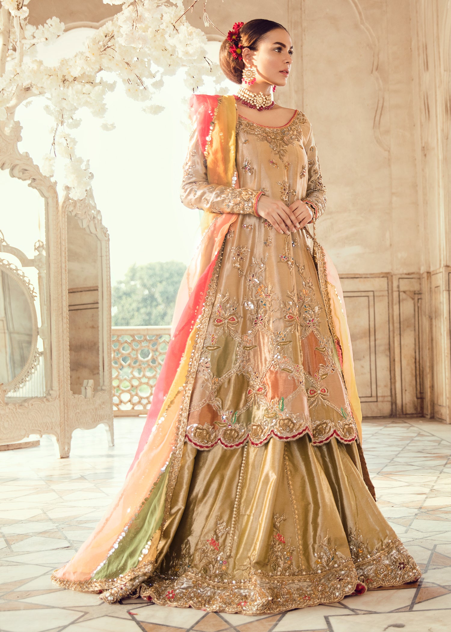 Pakistani Gold Embroidered Silk-Blend Bridal Gown (2-Piece) - Image 2