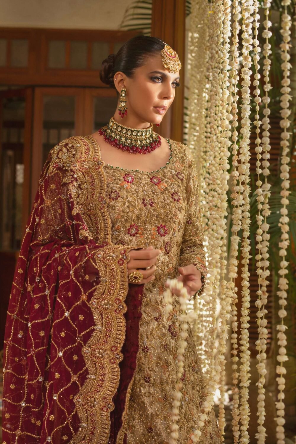 Pakistani Rust Gold Maroon Embellished Silk Bridal Gown (2-Piece) - Image 1