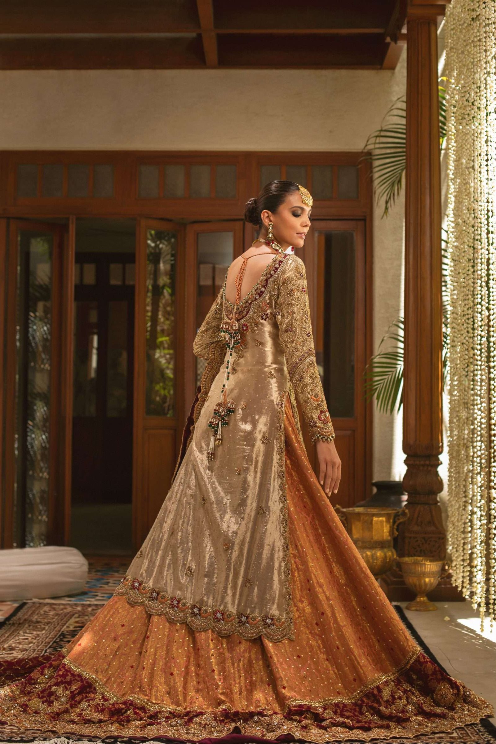 Pakistani Rust Gold Maroon Embellished Silk Bridal Gown (2-Piece) - Image 3