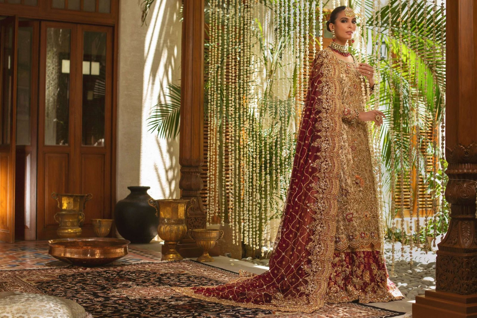 Pakistani Rust Gold Maroon Embellished Silk Bridal Gown (2-Piece) - Image 4