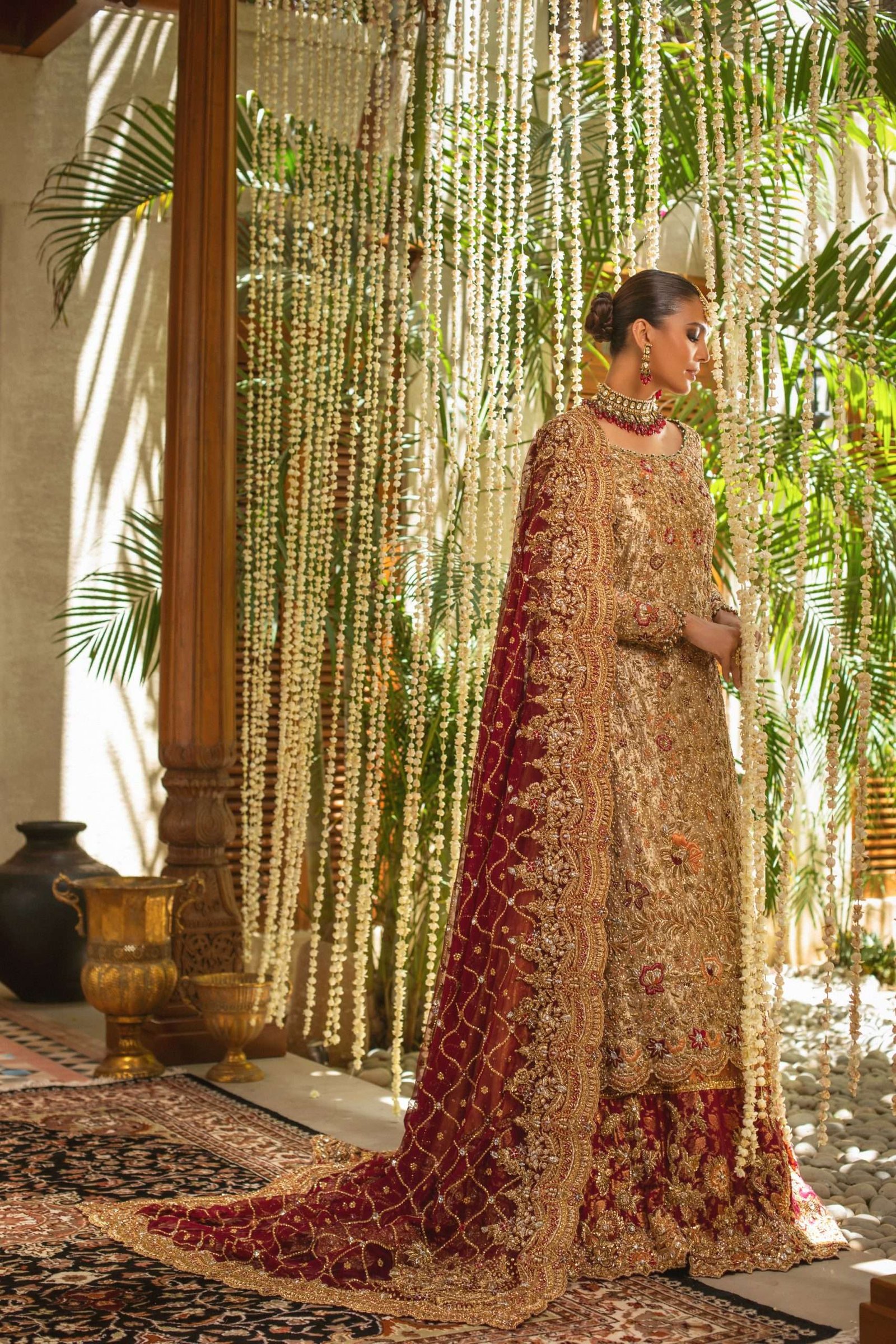 Pakistani Rust Gold Maroon Embellished Silk Bridal Gown (2-Piece) - Image 5