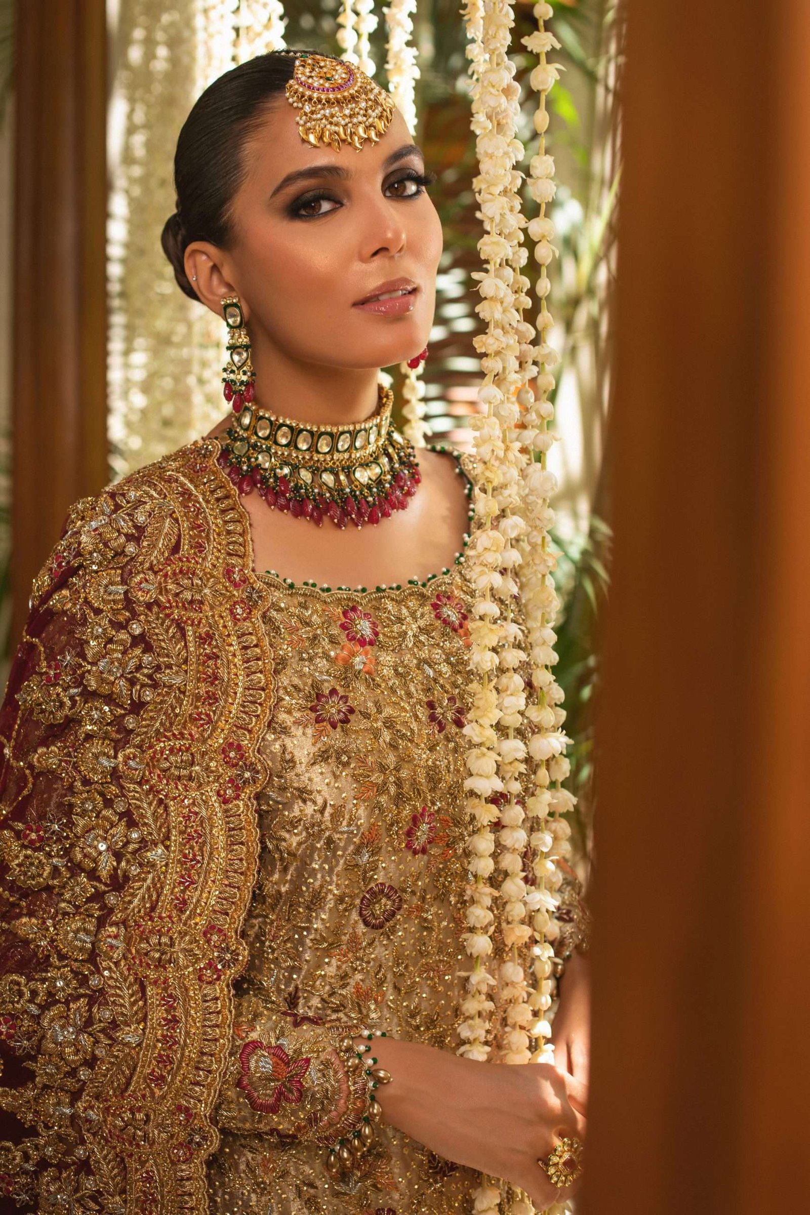 Pakistani Rust Gold Maroon Embellished Silk Bridal Gown (2-Piece) - Image 6