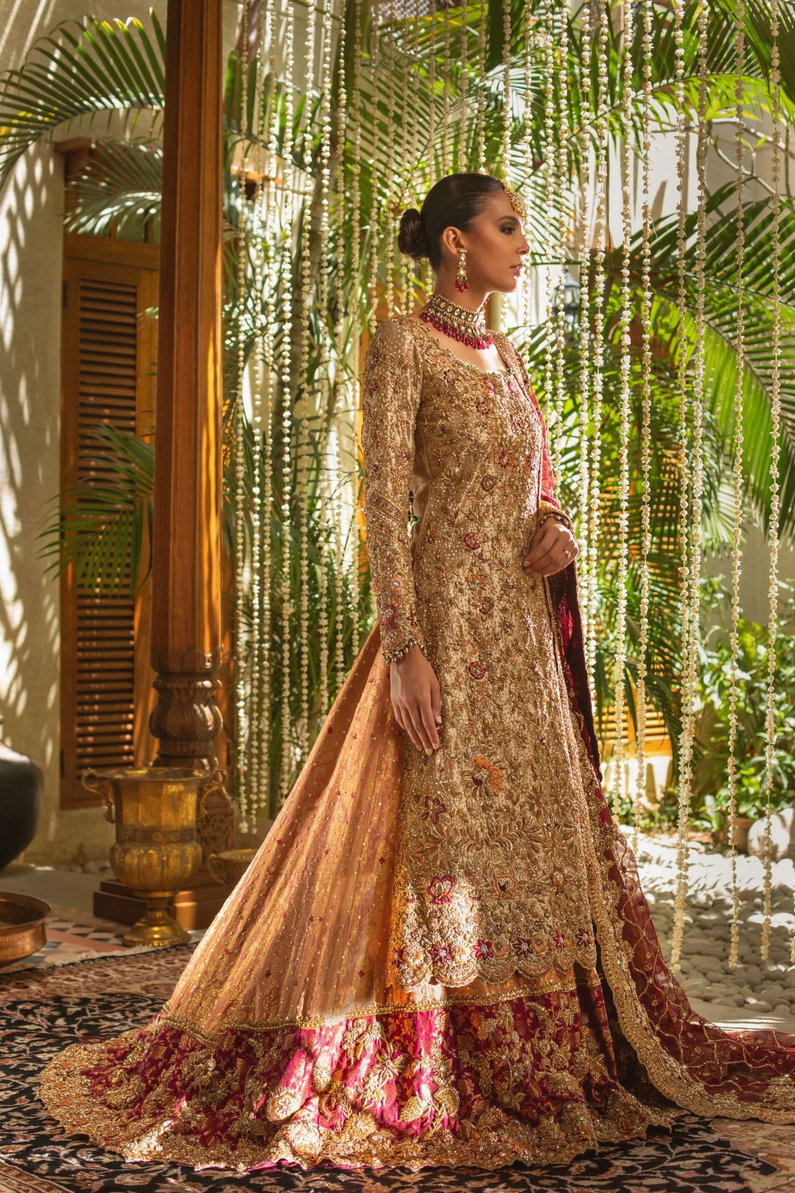 Pakistani Rust Gold Maroon Embellished Silk Bridal Gown (2-Piece) - Image 8