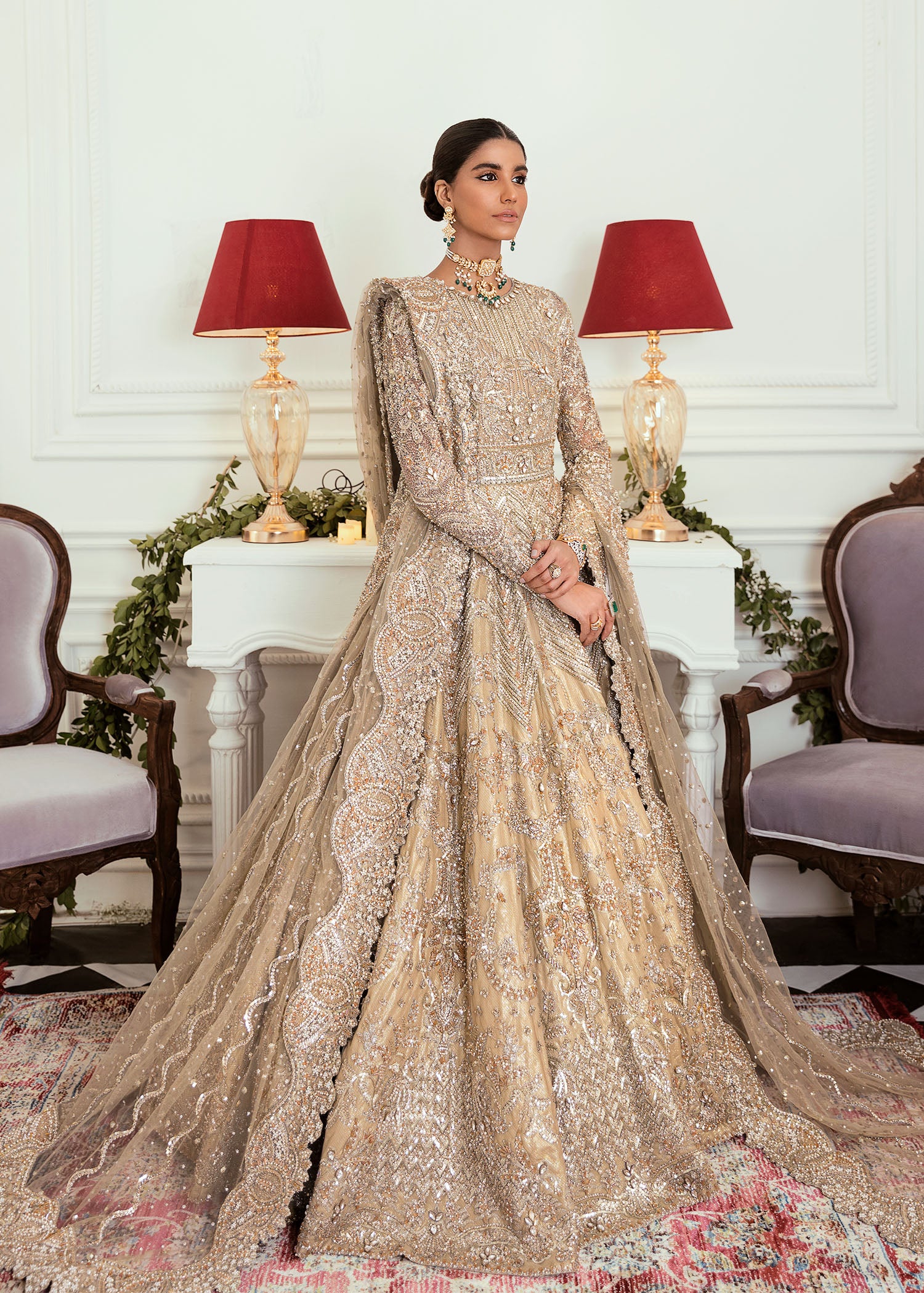 Pakistani Champagne Gold Embellished Net Silk Bridal Gown (2-Piece) - Image 1
