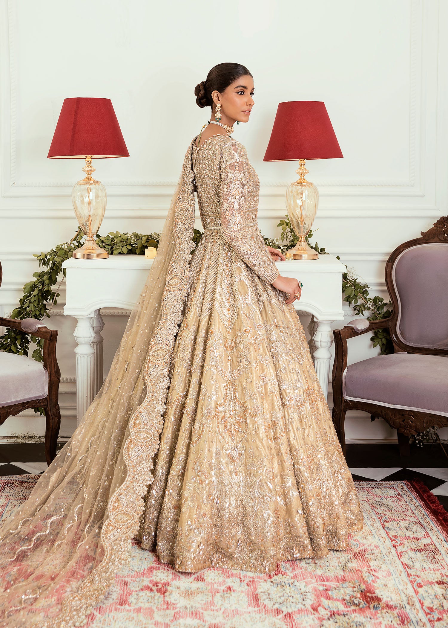 Pakistani Champagne Gold Embellished Net Silk Bridal Gown (2-Piece) - Image 2
