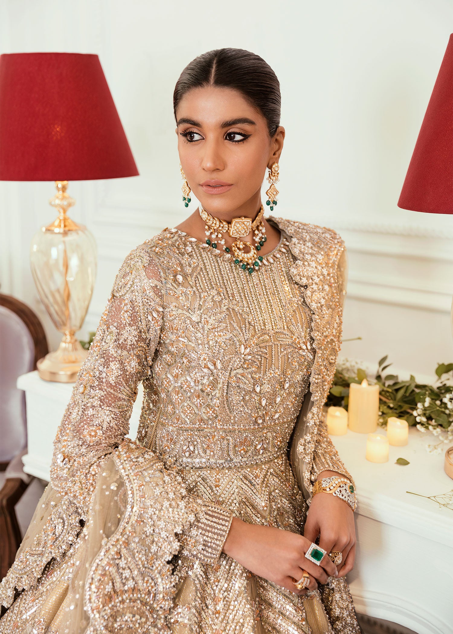 Pakistani Champagne Gold Embellished Net Silk Bridal Gown (2-Piece) - Image 3