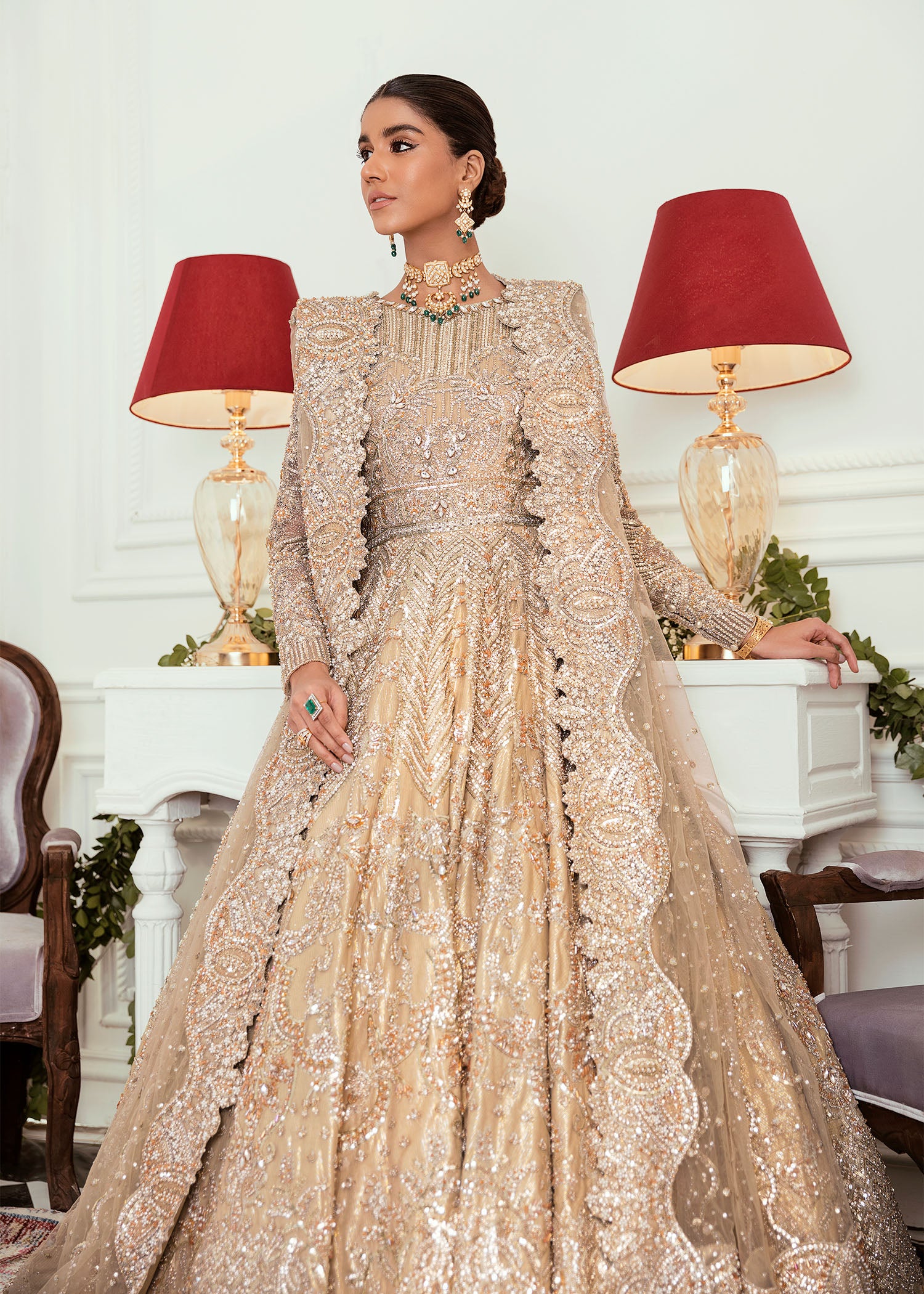 Pakistani Champagne Gold Embellished Net Silk Bridal Gown (2-Piece) - Image 4