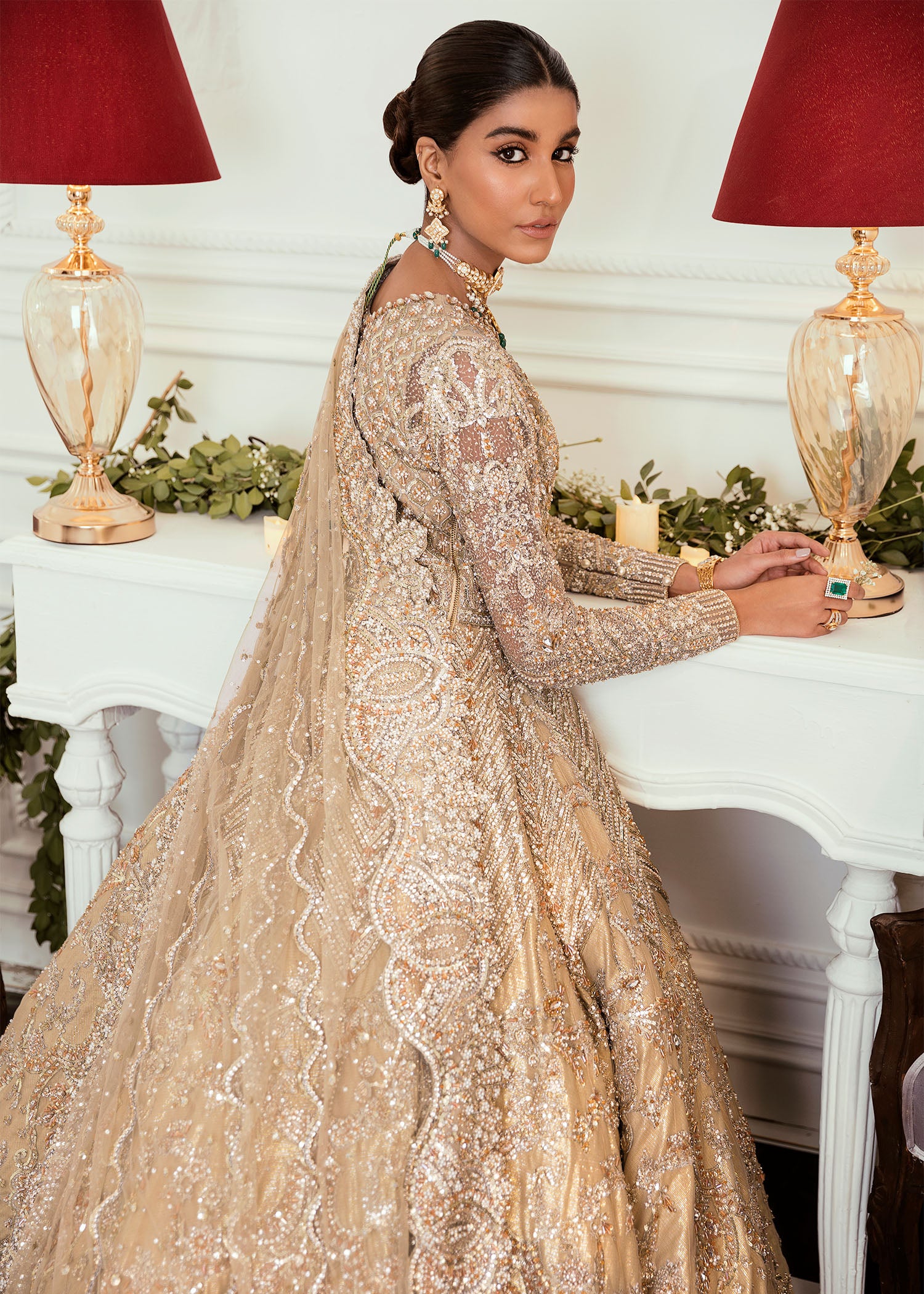 Pakistani Champagne Gold Embellished Net Silk Bridal Gown (2-Piece) - Image 5