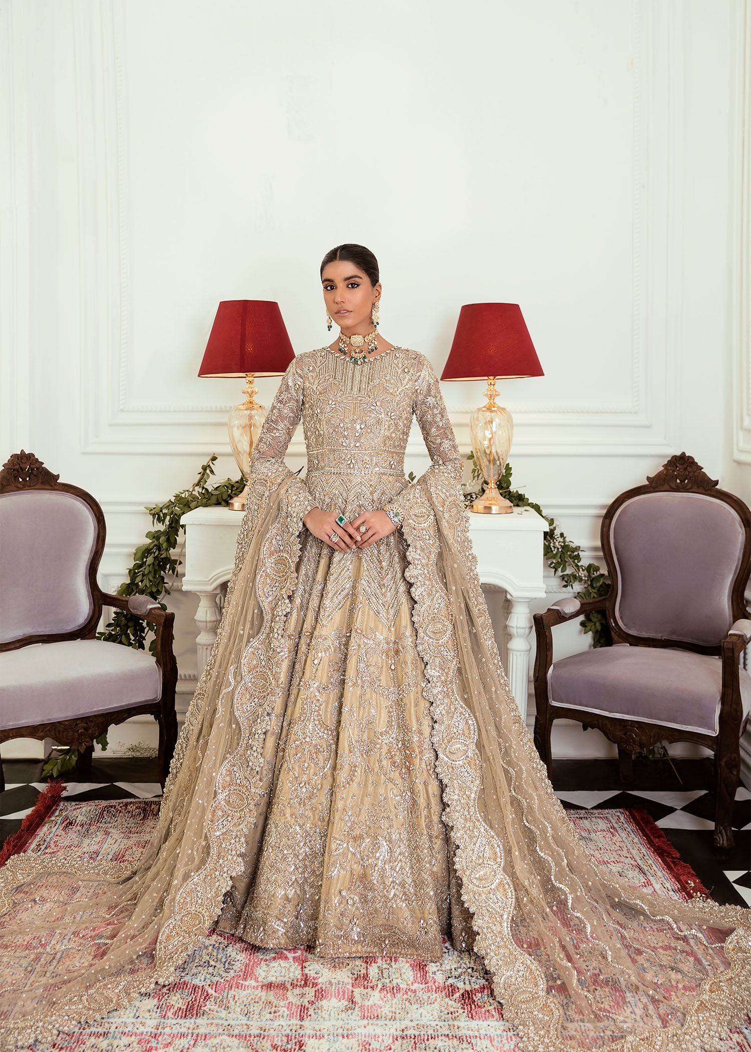 Pakistani Champagne Gold Embellished Net Silk Bridal Gown (2-Piece) - Image 6
