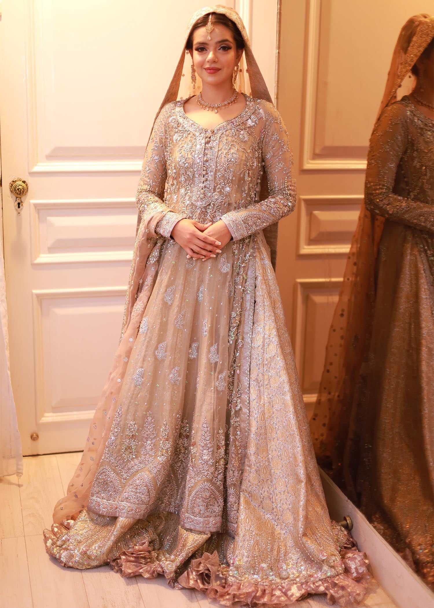 Champagne Gold Embellished Net Silk Bridal Gown (2-Piece) - Image 1