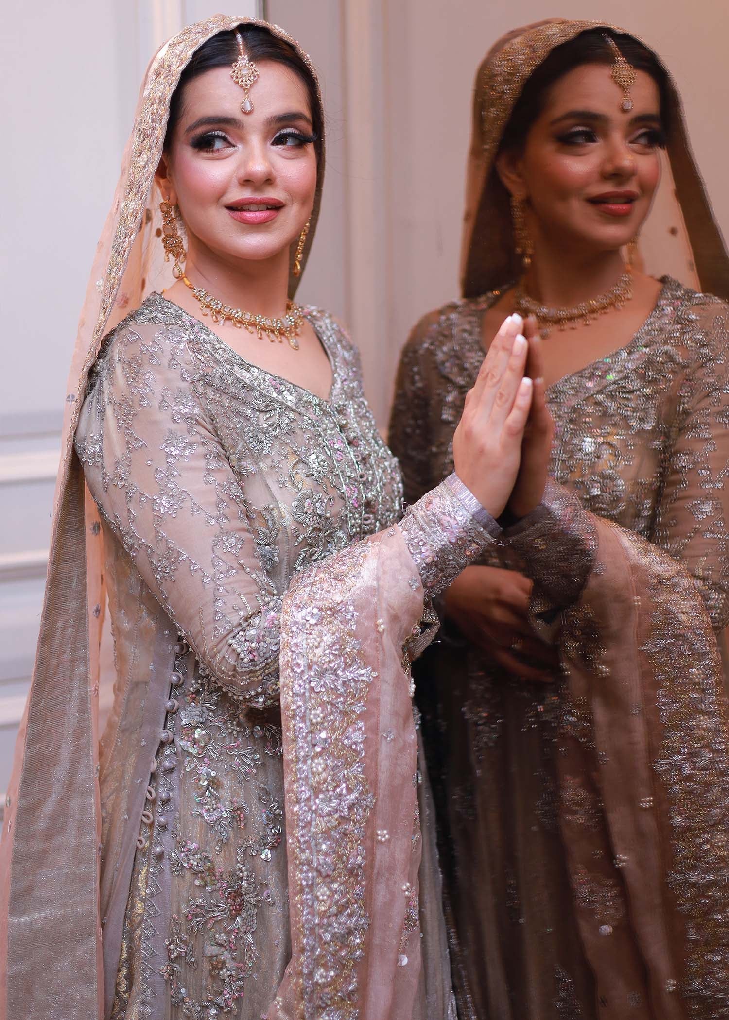 Champagne Gold Embellished Net Silk Bridal Gown (2-Piece) - Image 2