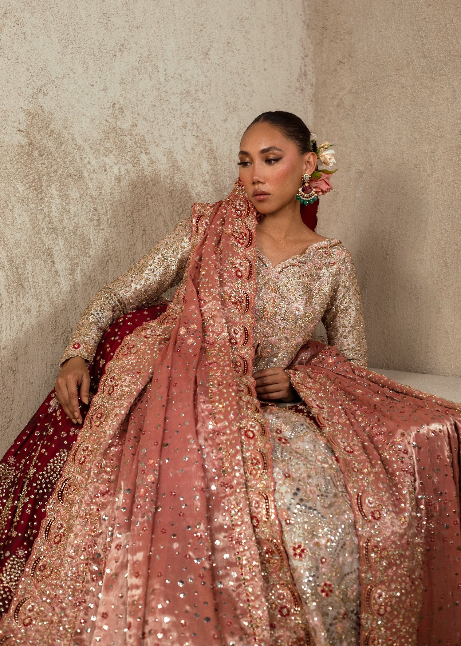 Champagne Rouge Embellished Silk Blend Bridal Gown (3-Piece) - Image 3