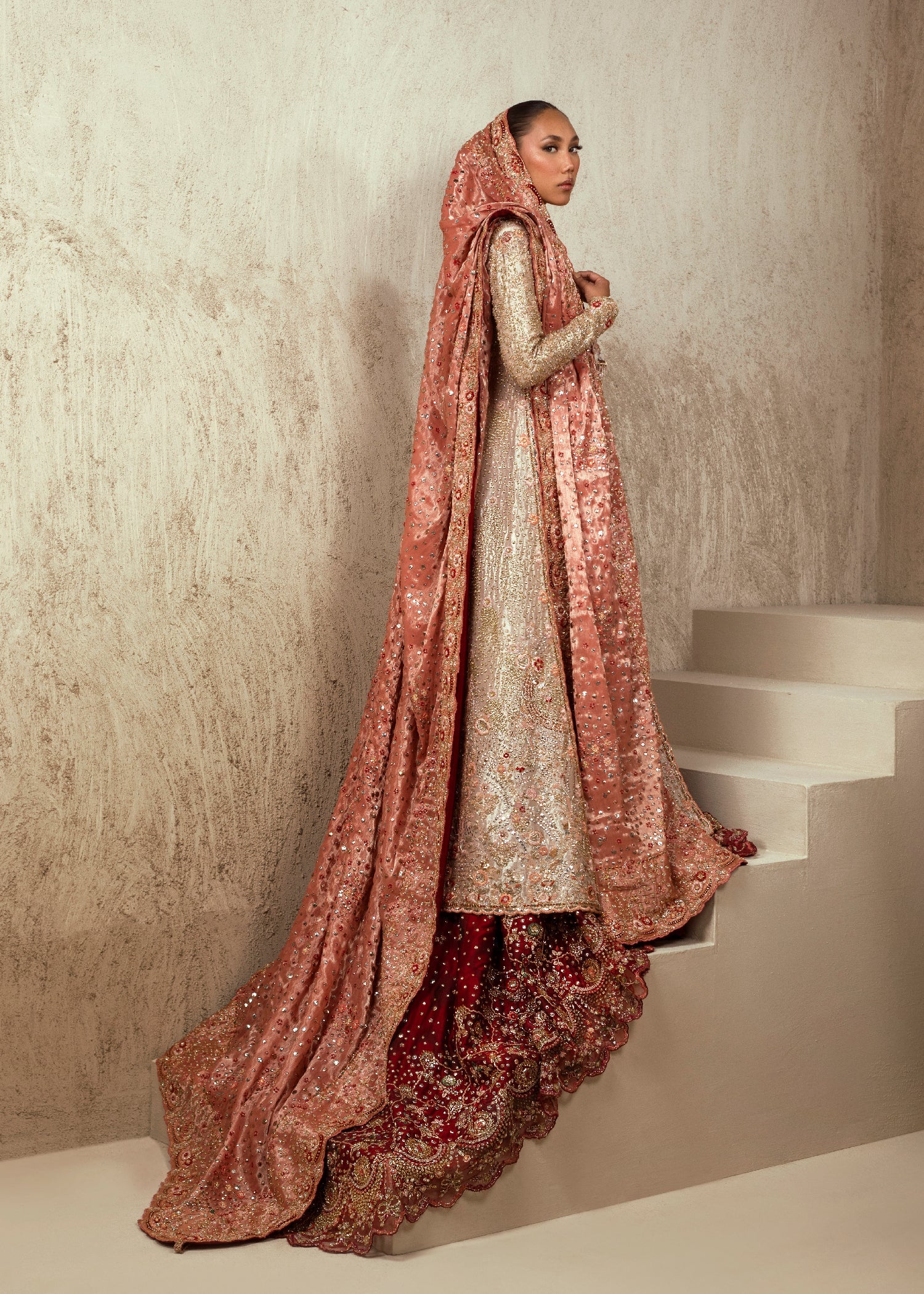 Champagne Rouge Embellished Silk Blend Bridal Gown (3-Piece) - Image 4