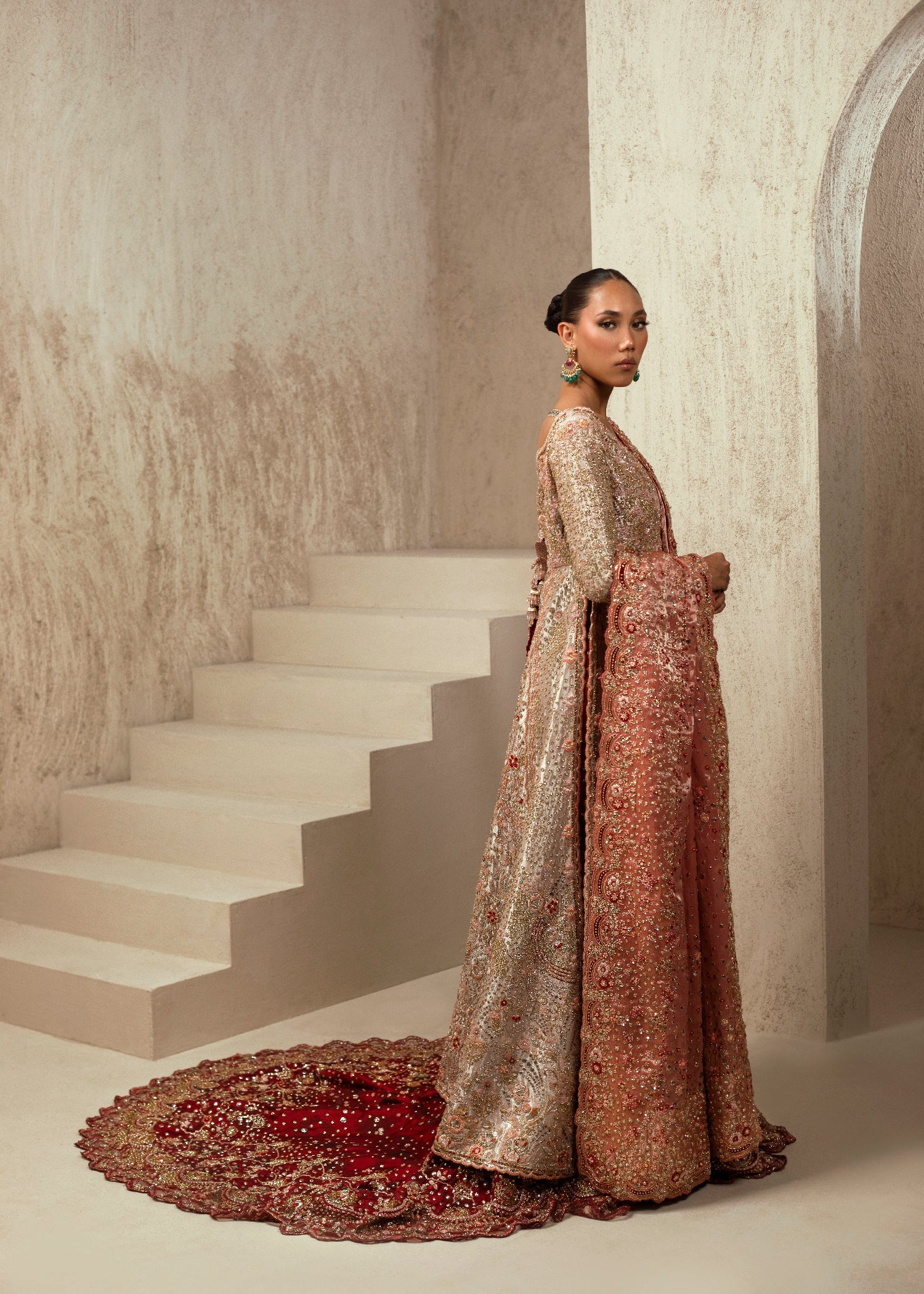 Champagne Rouge Embellished Silk Blend Bridal Gown (3-Piece) - Image 5