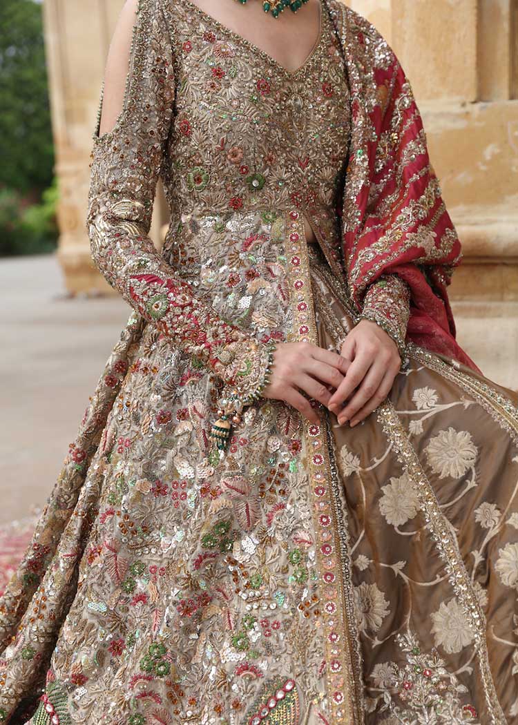Pakistani Olive Gold Embellished Silk Blend Bridal Gown (2-Piece) - Image 3