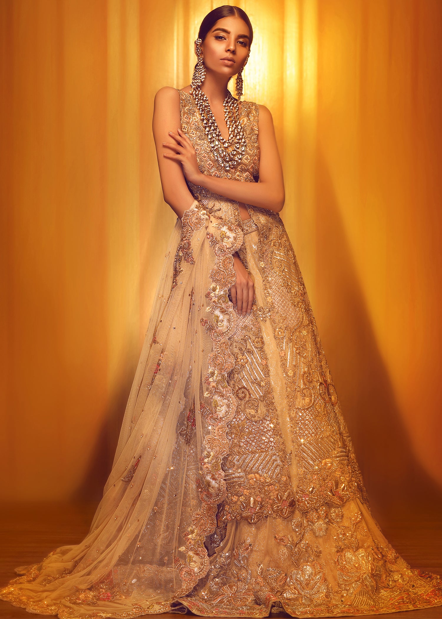 Gold Ecru Embellished Silk-Blend Bridal Lehenga Gown (2-Piece) - Image 1