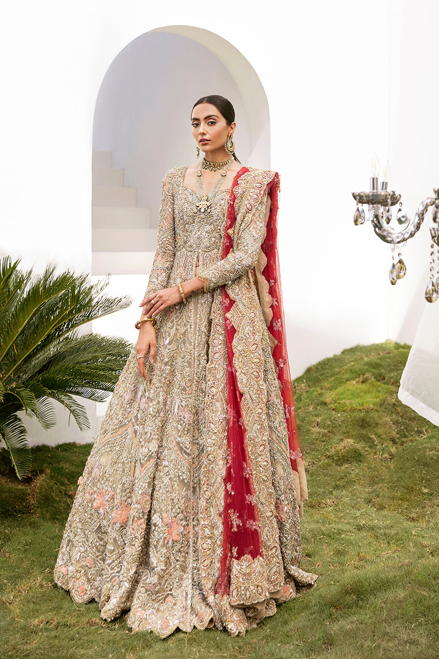 Pakistani Antique Gold Embellished Silk Bridal Gown (3-Piece) - Image 1