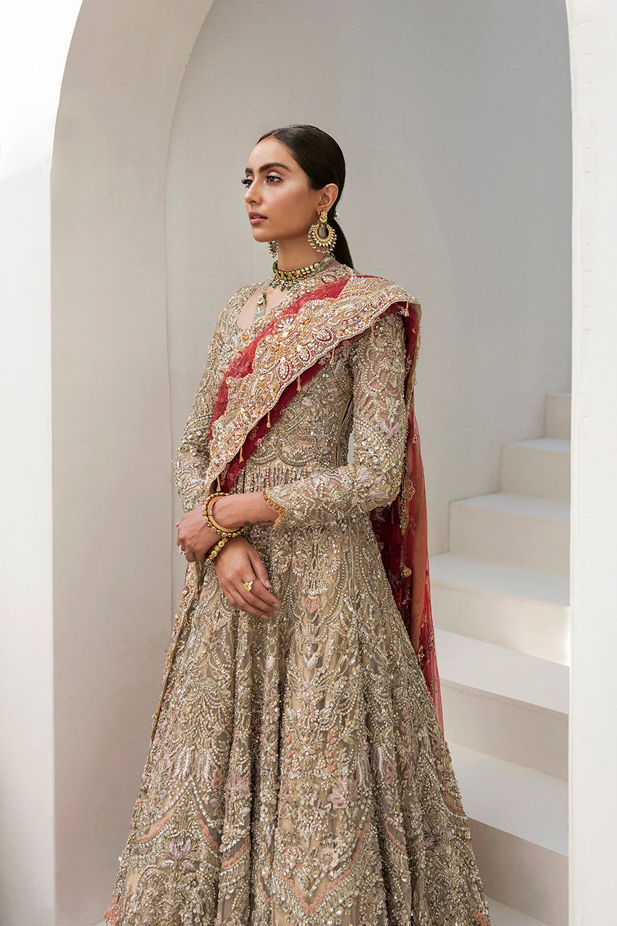 Pakistani Antique Gold Embellished Silk Bridal Gown (3-Piece) - Image 2