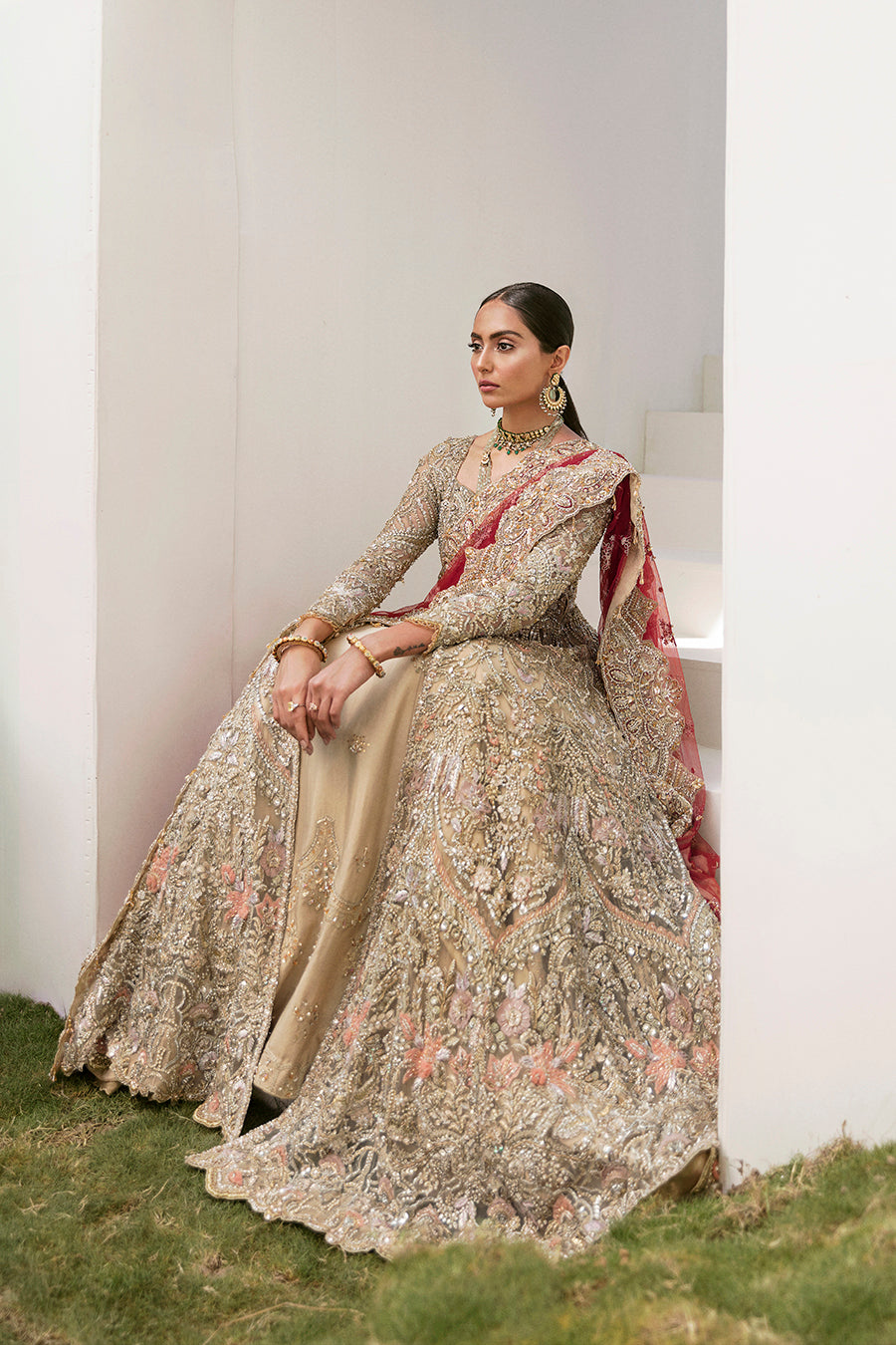 Pakistani Antique Gold Embellished Silk Bridal Gown (3-Piece) - Image 3