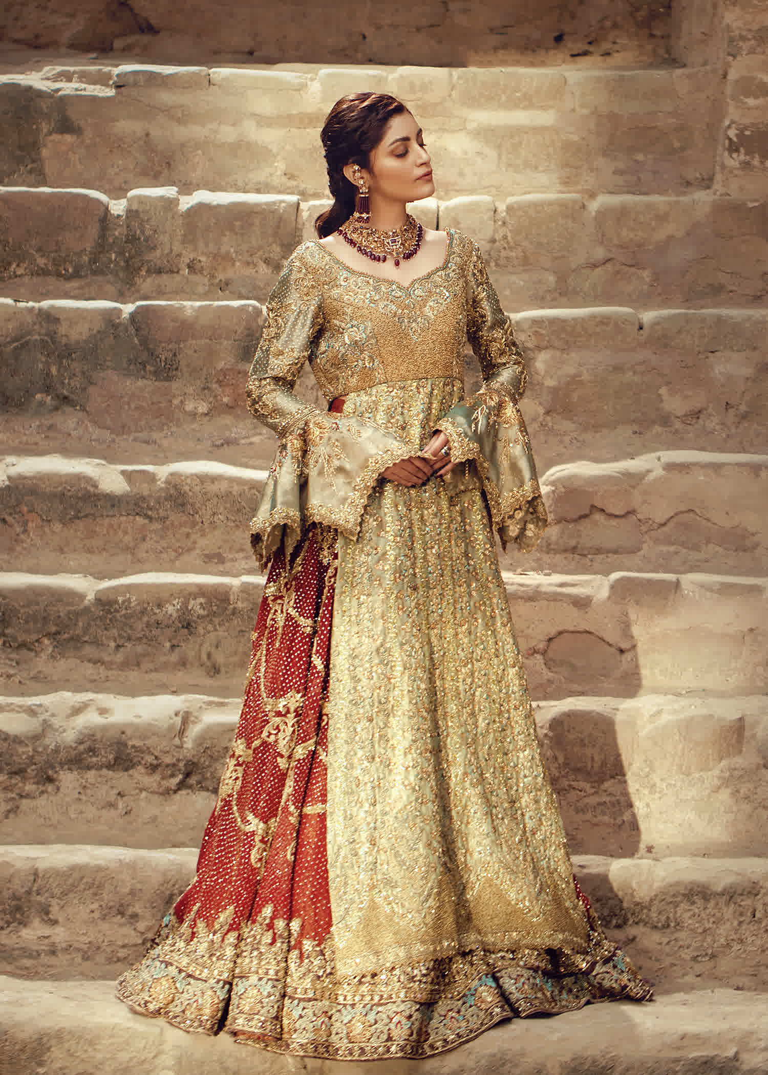 Gold Maroon Embellished Silk-Blend Bridal Gown (2-Piece) - Image 2