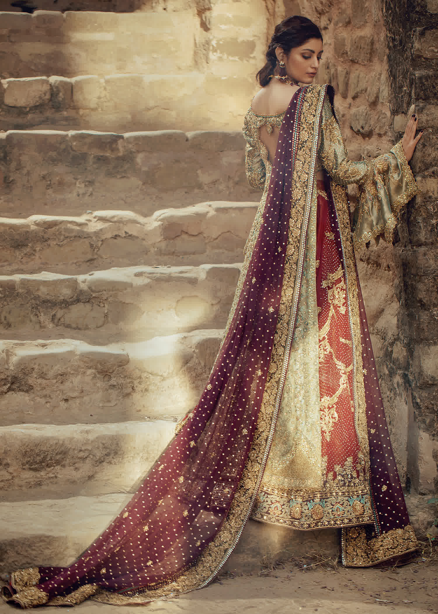 Gold Maroon Embellished Silk-Blend Bridal Gown (2-Piece) - Image 3