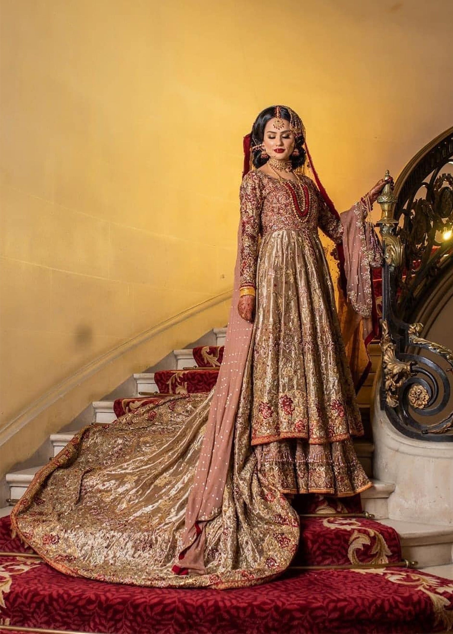 Champagne Deep Red Embellished Silk-Blend Bridal Gown (2-Piece) - Image 1