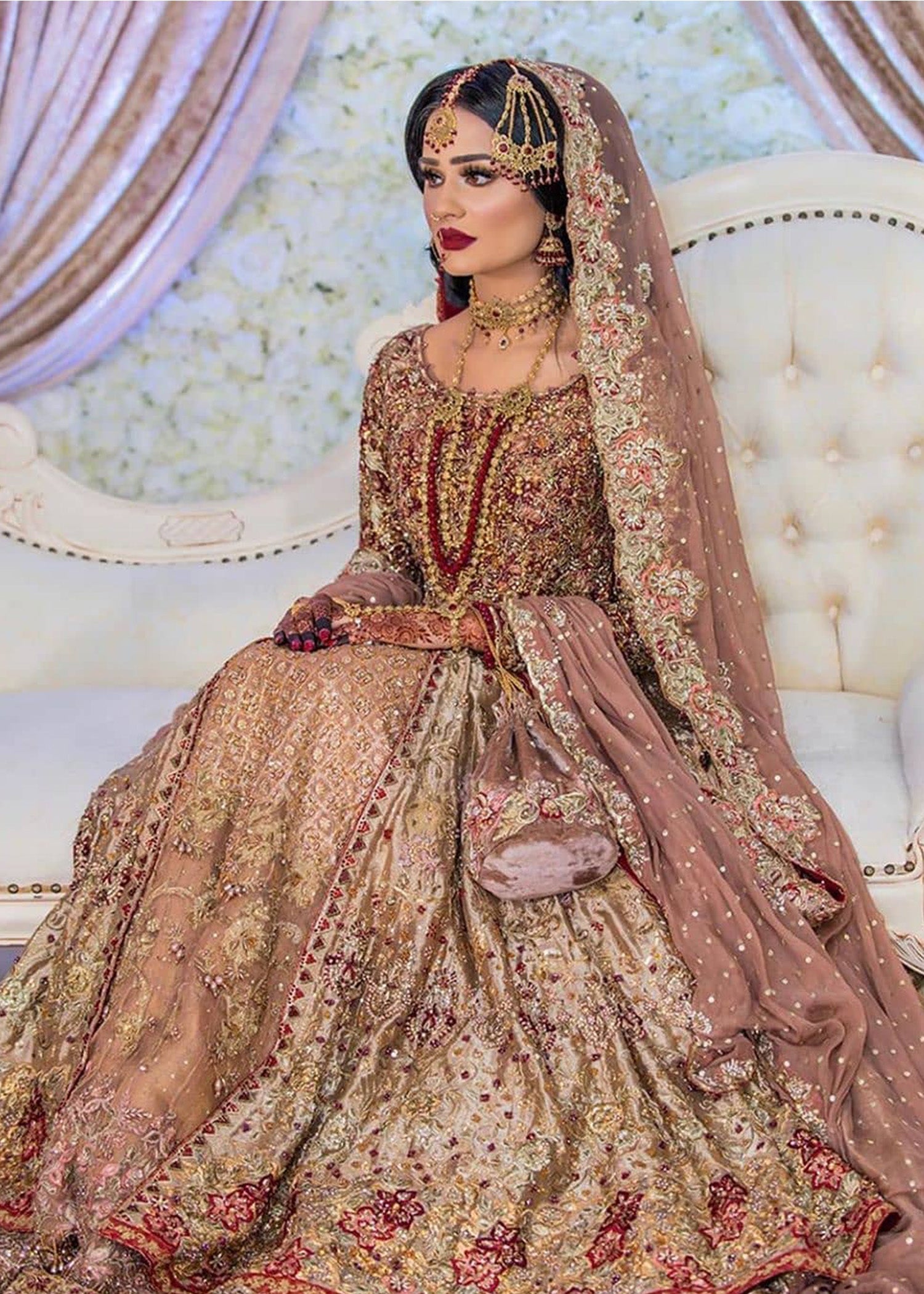 Champagne Deep Red Embellished Silk-Blend Bridal Gown (2-Piece) - Image 3