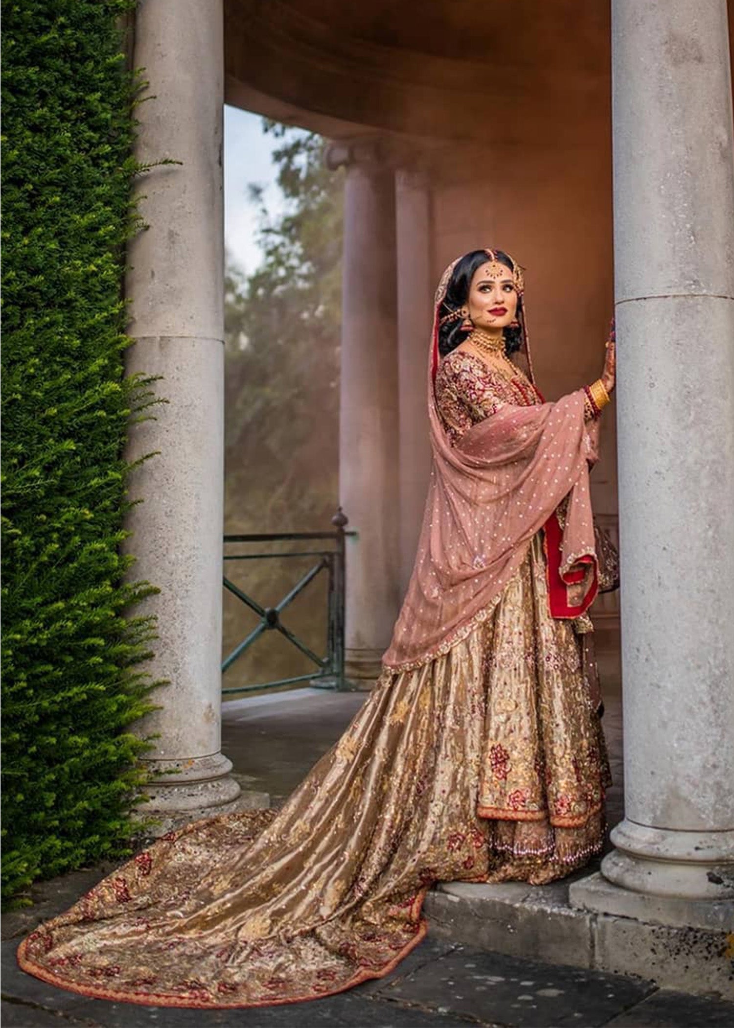 Champagne Deep Red Embellished Silk-Blend Bridal Gown (2-Piece) - Image 4