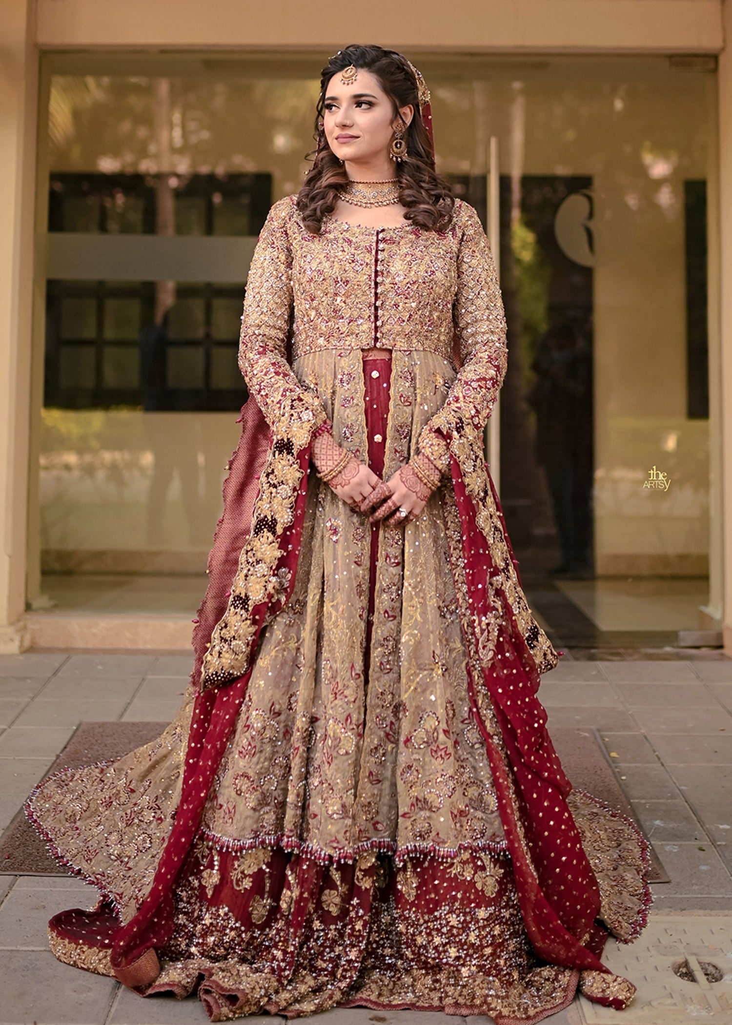 Antique Gold Embellished Net Silk Bridal Gown (2-Piece) - Image 1