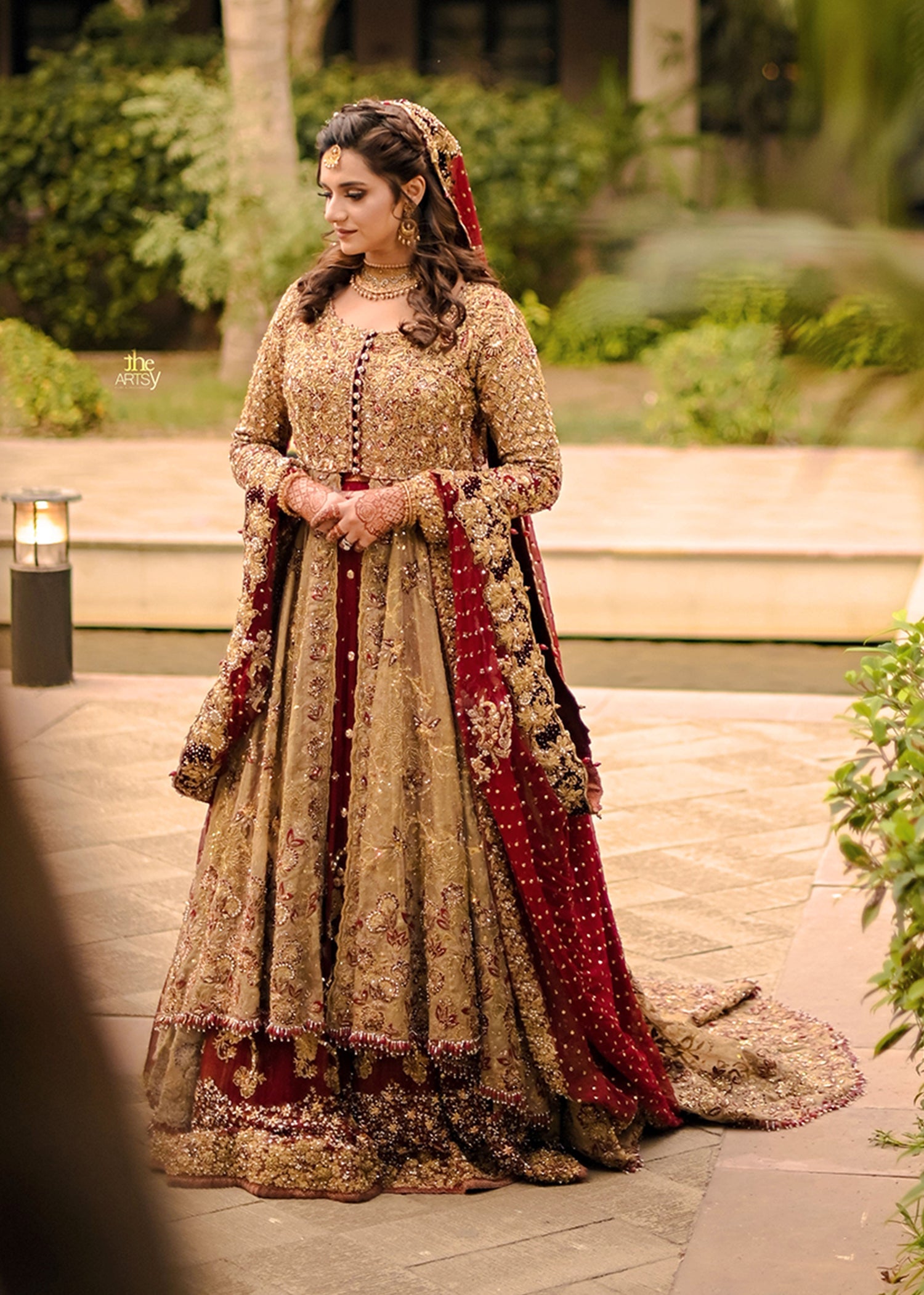 Antique Gold Embellished Net Silk Bridal Gown (2-Piece) - Image 10